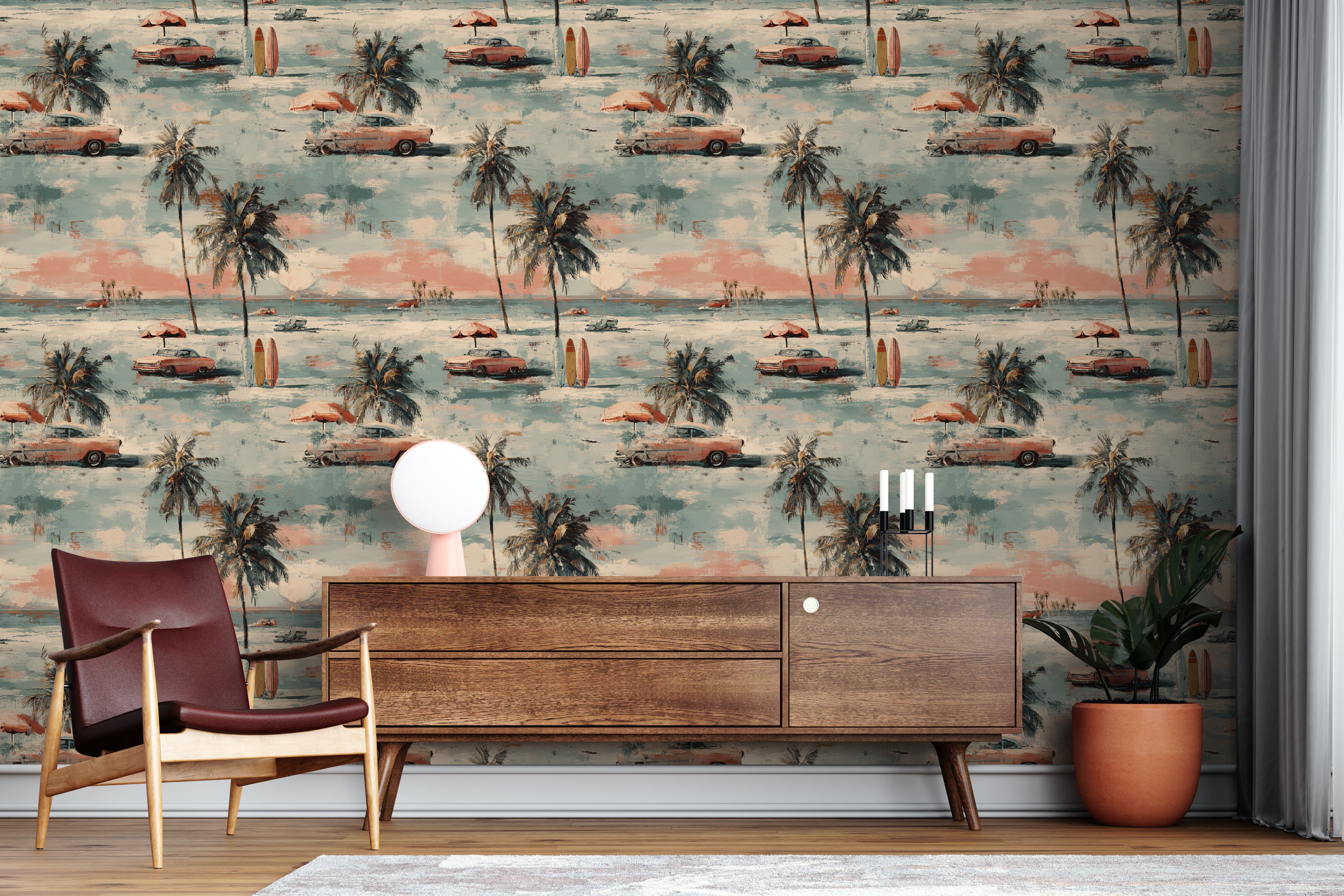 retro coastal wall art in pastel pink and teal beach scene