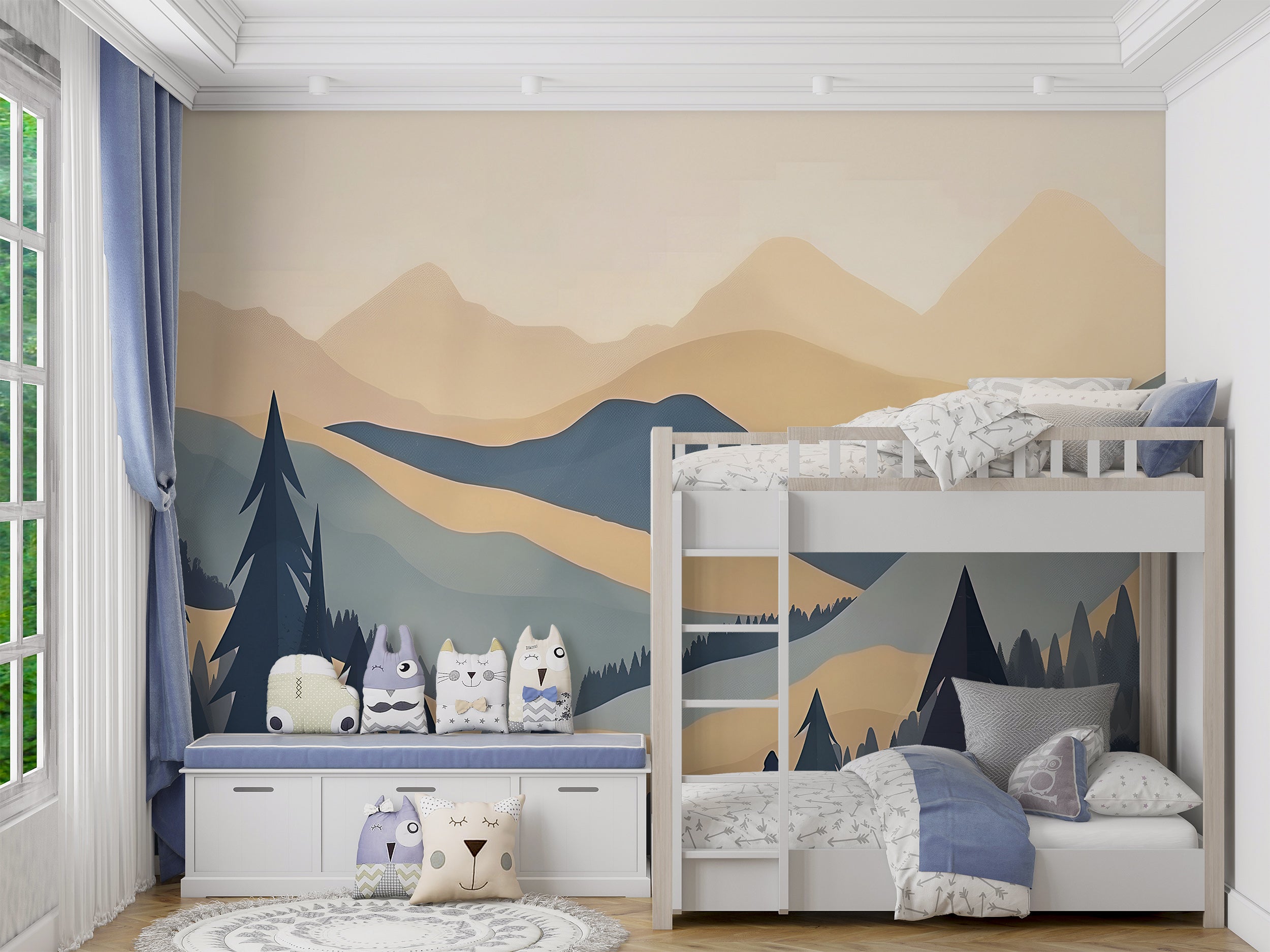 Boho Mountains and Forest Mural, Peel and Stick Landscape Mural, Beige and Blue Nature Wallpaper, Soft Watercolor Mountains Decor