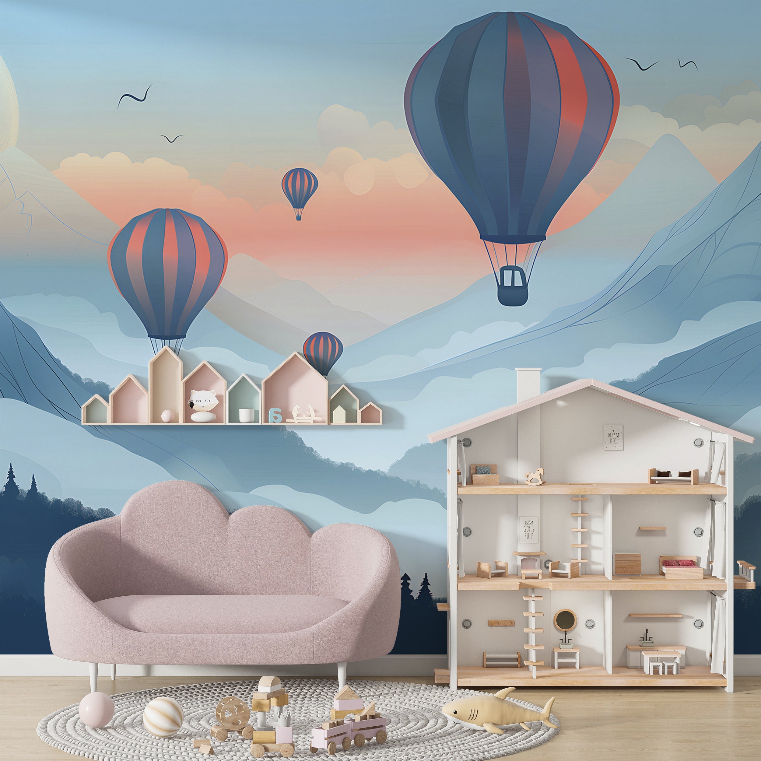 Watercolor Blue Mountains Mural, Hot Air Balloons Mural, Peel and Stick Nursery Landscape Wallpaper, Hot Air Balloons Kids Room Decor