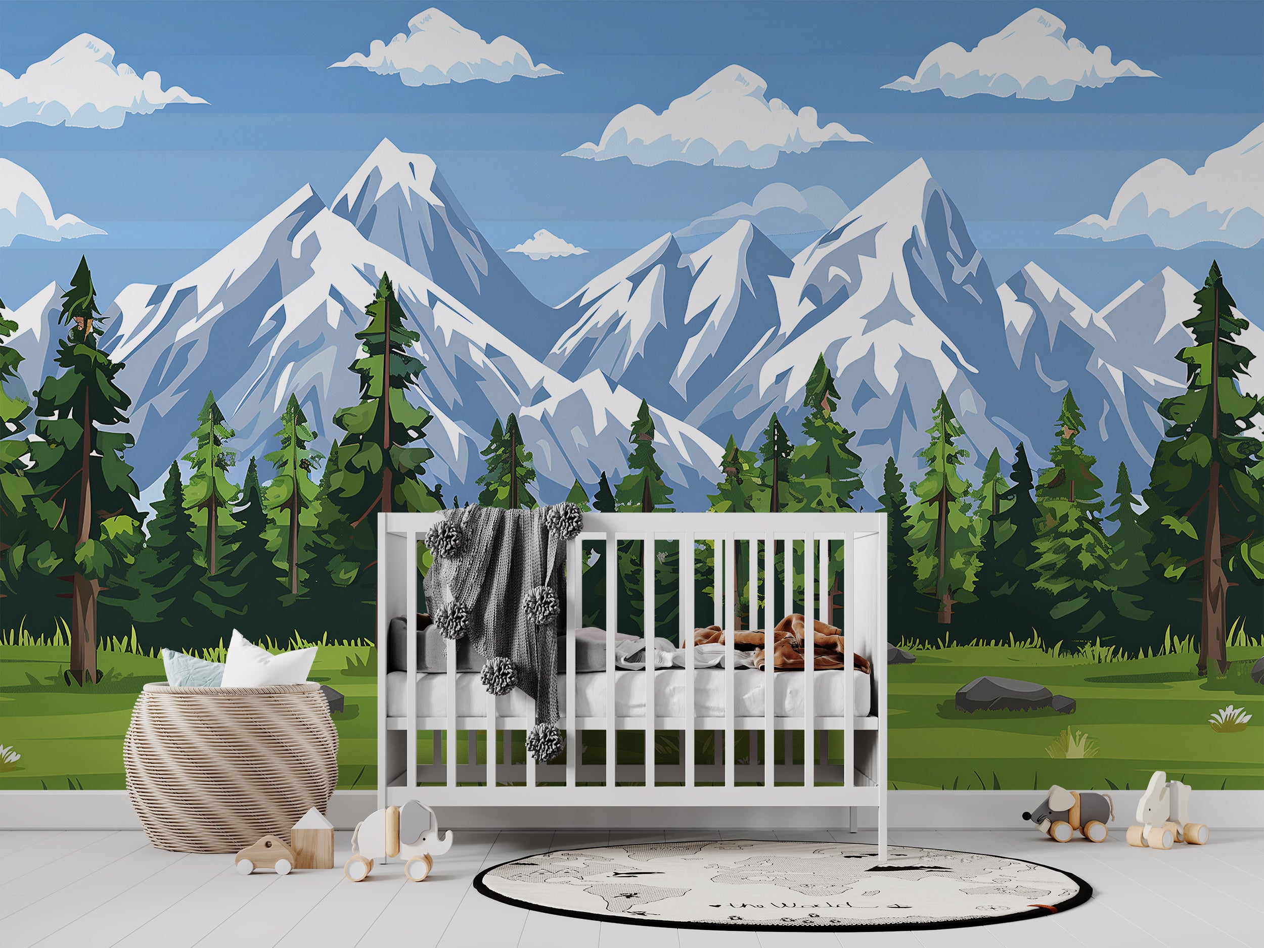 Colorful Nursery Landscape Mural, Kids Room Accent Wall Cartoon Style Nature Mural, Peel and Stick Mountains and Forest Wallpaper