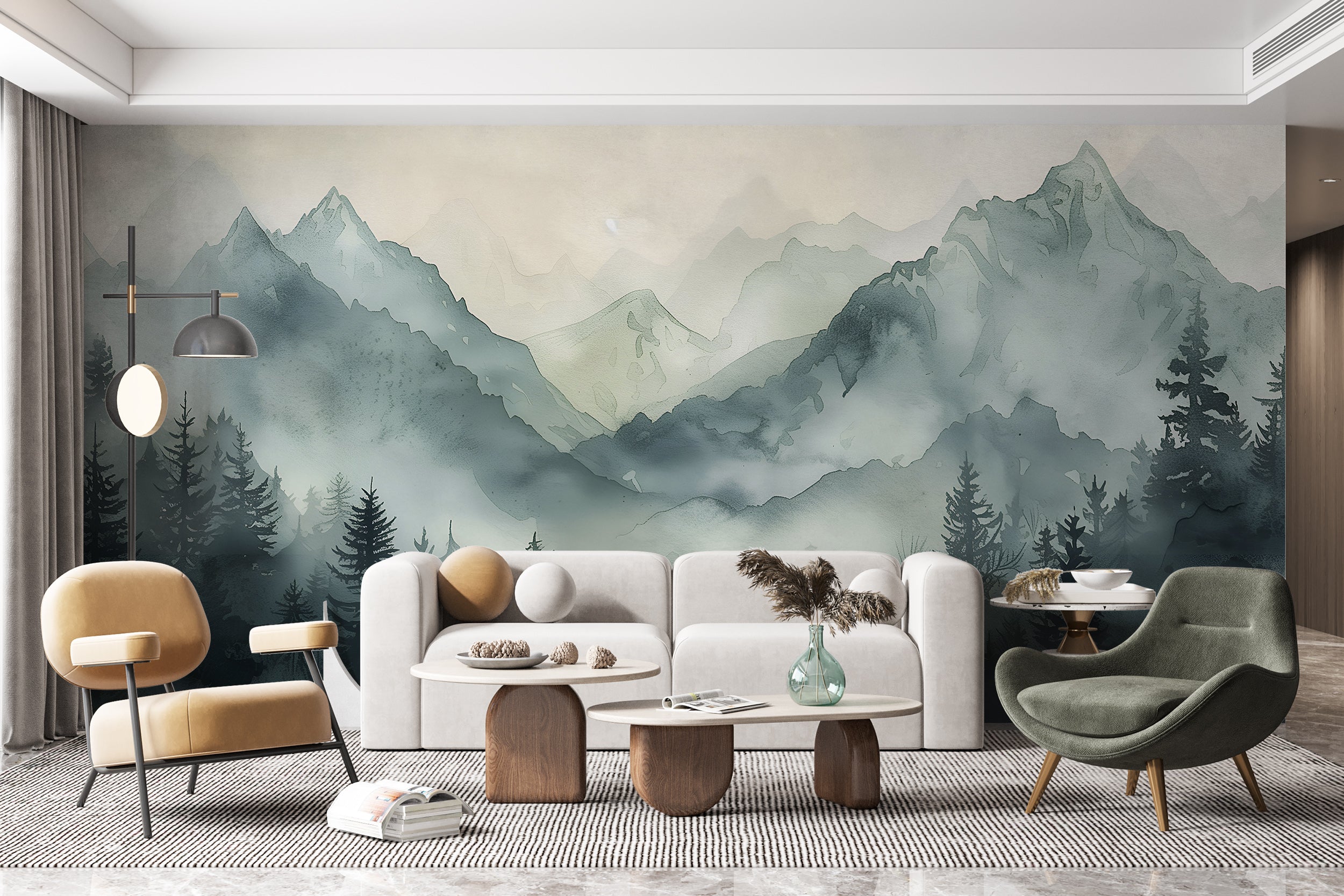 Green Mountains Wall Mural, Watercolor Foggy Forest and Mountains Wallpaper, Peel and Stick Nursery Soft Nature Mural, Wild Nature Art