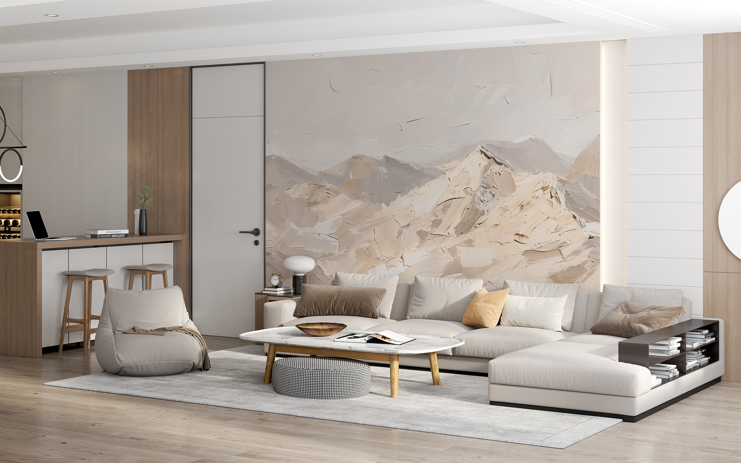 Beige Mountains in Palette Knife Style Mural, Abstract Peel and Stick Landscape Art, Removable Mountains Oil Painting Wallpaper