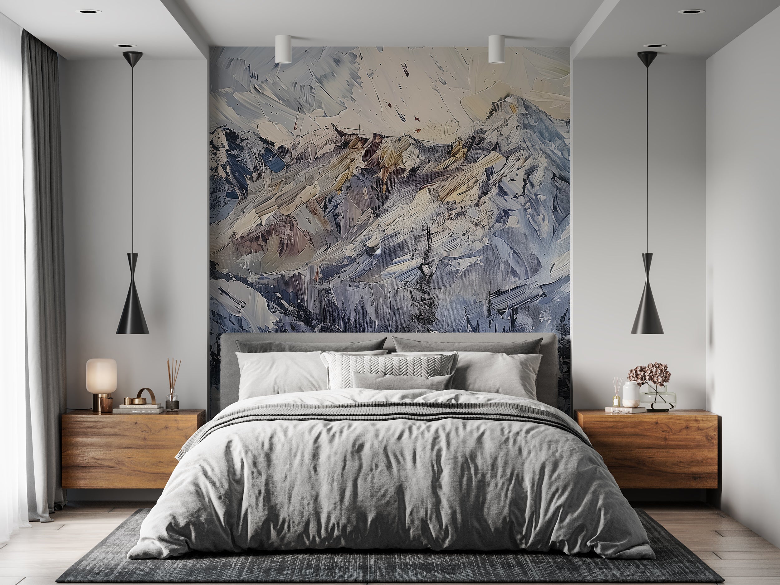 Abstract Oil Painting of Snowy Mountains Mural, Peel and Stick Mountains, Snowy Landscape Wallpaper, Blue and White Mountain Mural