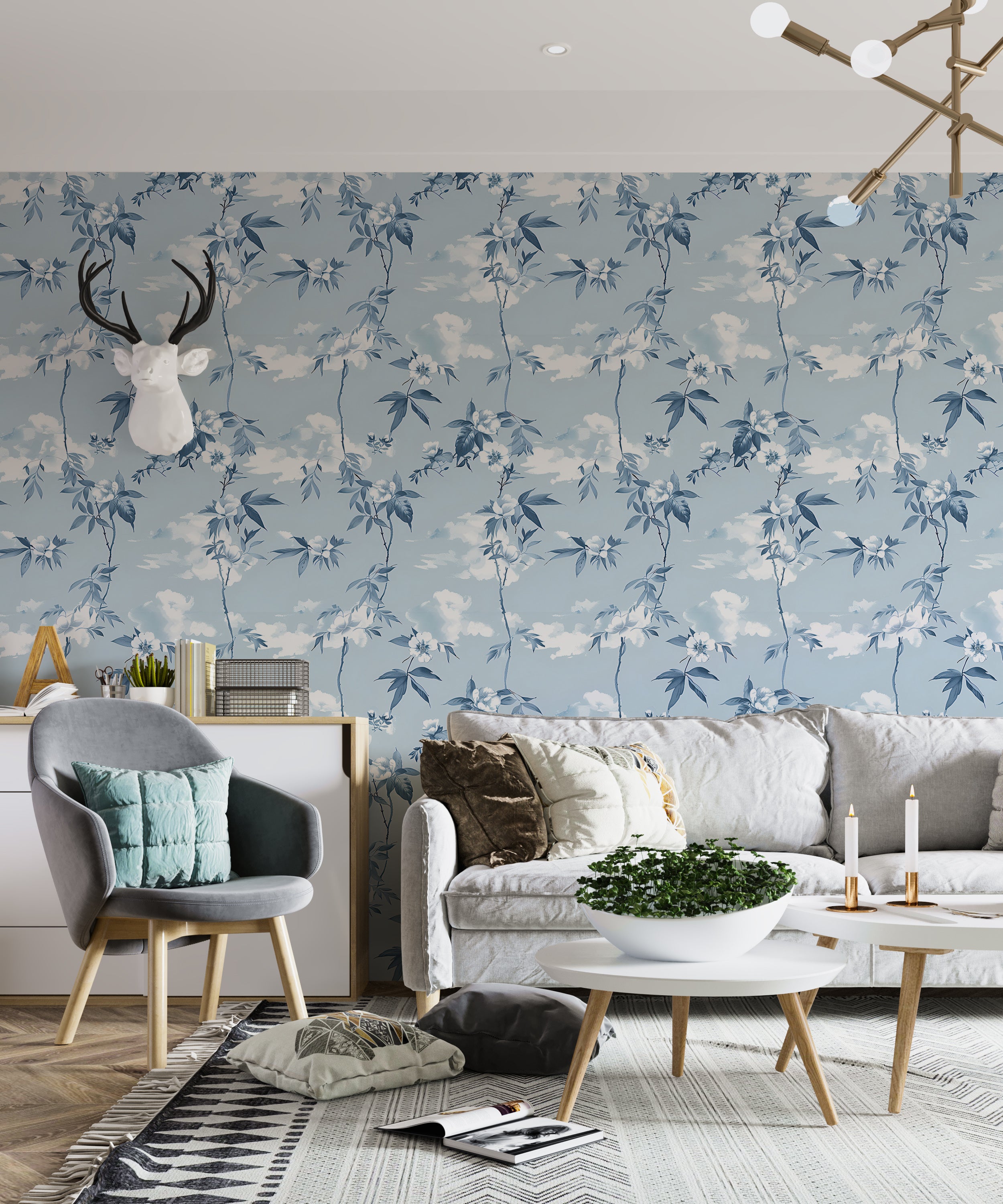 Sky Blue Floral Wallpaper, Light Botanical Peel and Stick Decor, Blue Vines and Leaves Wallpaper, Clouds Wall Decal, Flower Wallpaper