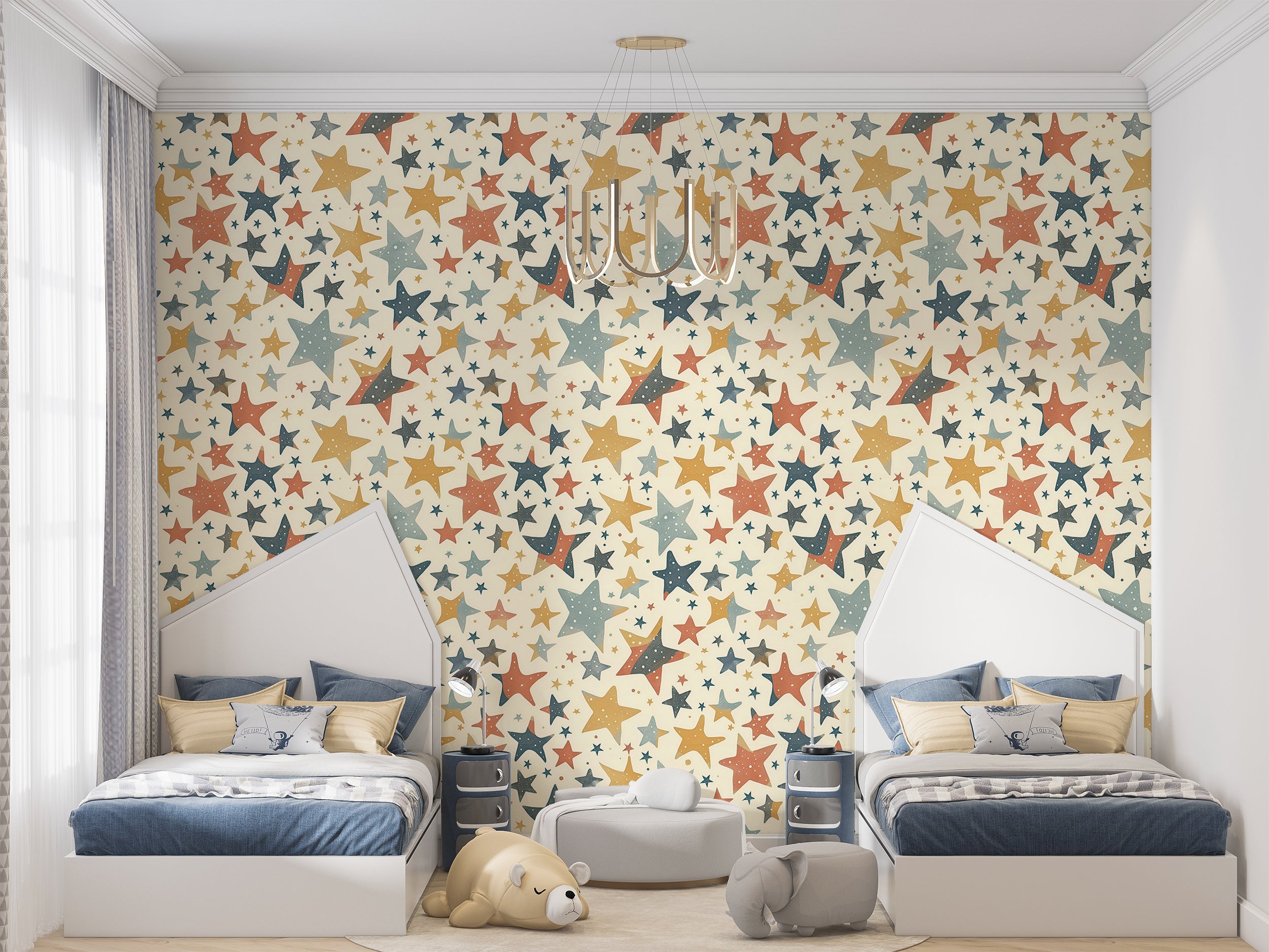 Small and Large Stars Wallpaper, Multicolor Kids Room Stars Wall Decor, Self-adhesive Starry Wallpaper, Beige Nursery Star Pattern Decal