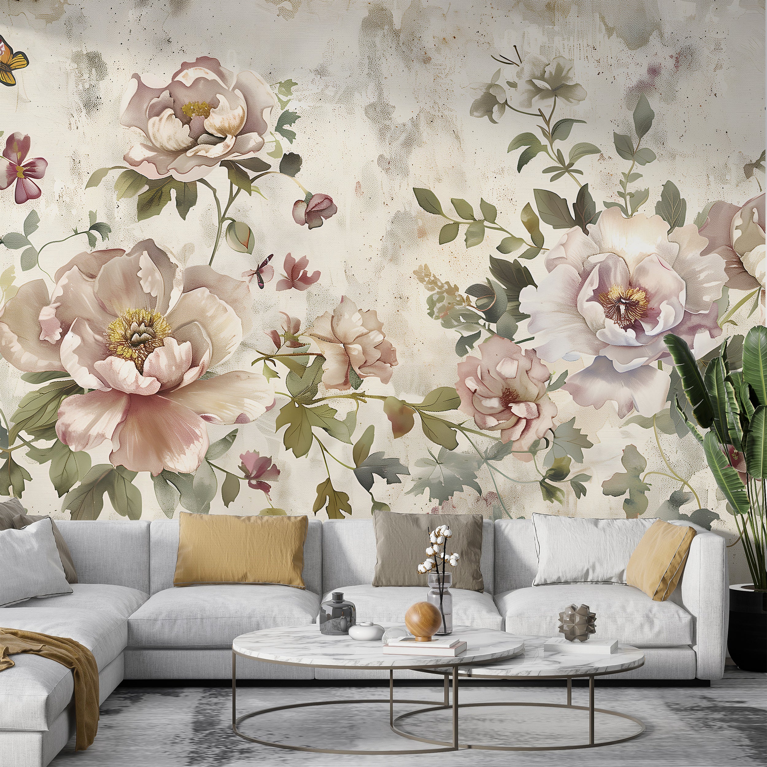 Large Flowers Wall Mural, Peel and Stick Floral Wallpaper, Beige Flowers and Butterflies Mural, Pink Flowers and Green Leaves Wall Decor