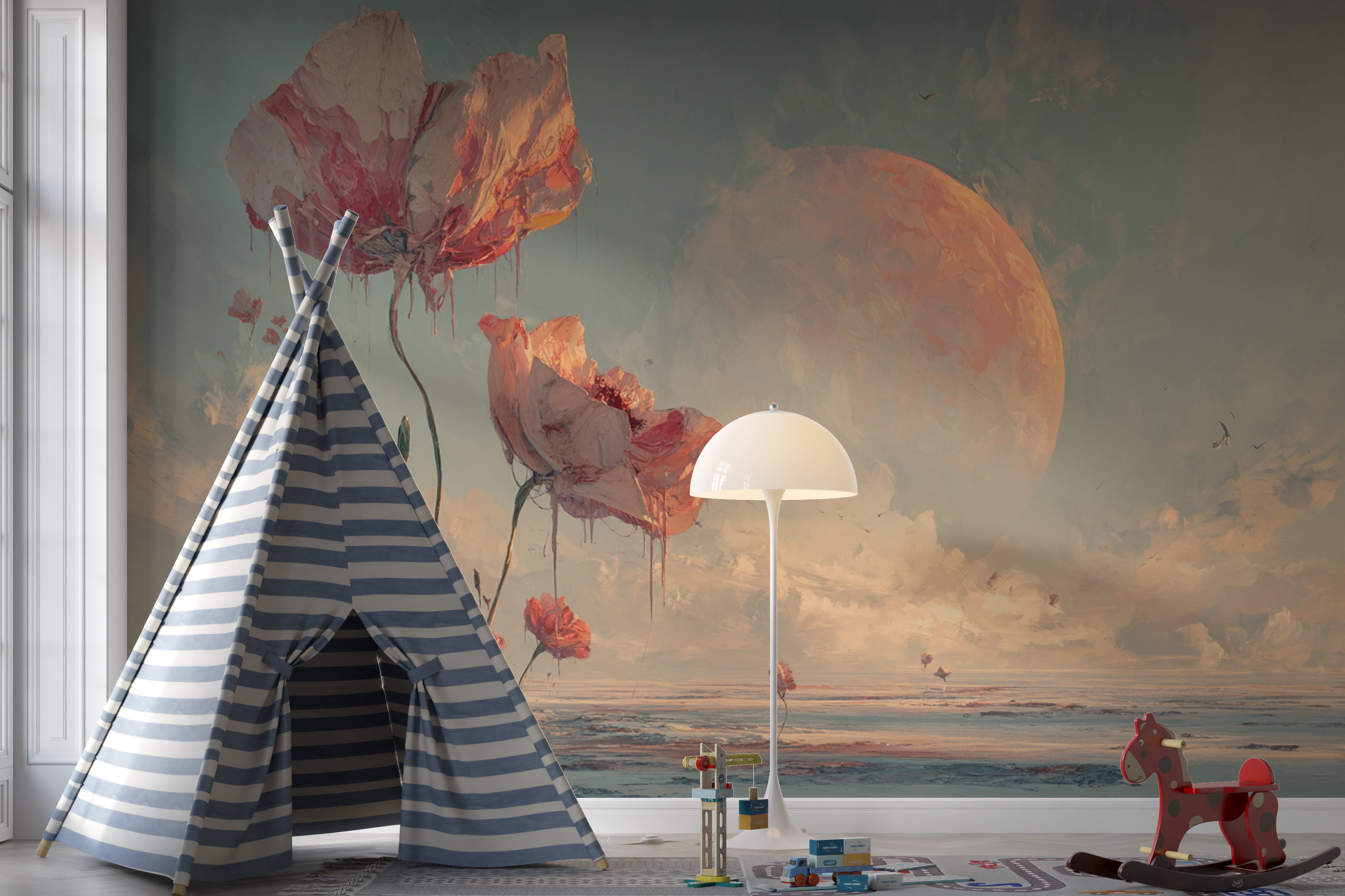 Surreal Floral Wallpaper Mural – Giant Pink Flowers in Dream Desert Landscape with Moon, Fantasy Wall Art for Bedroom or Creative Space