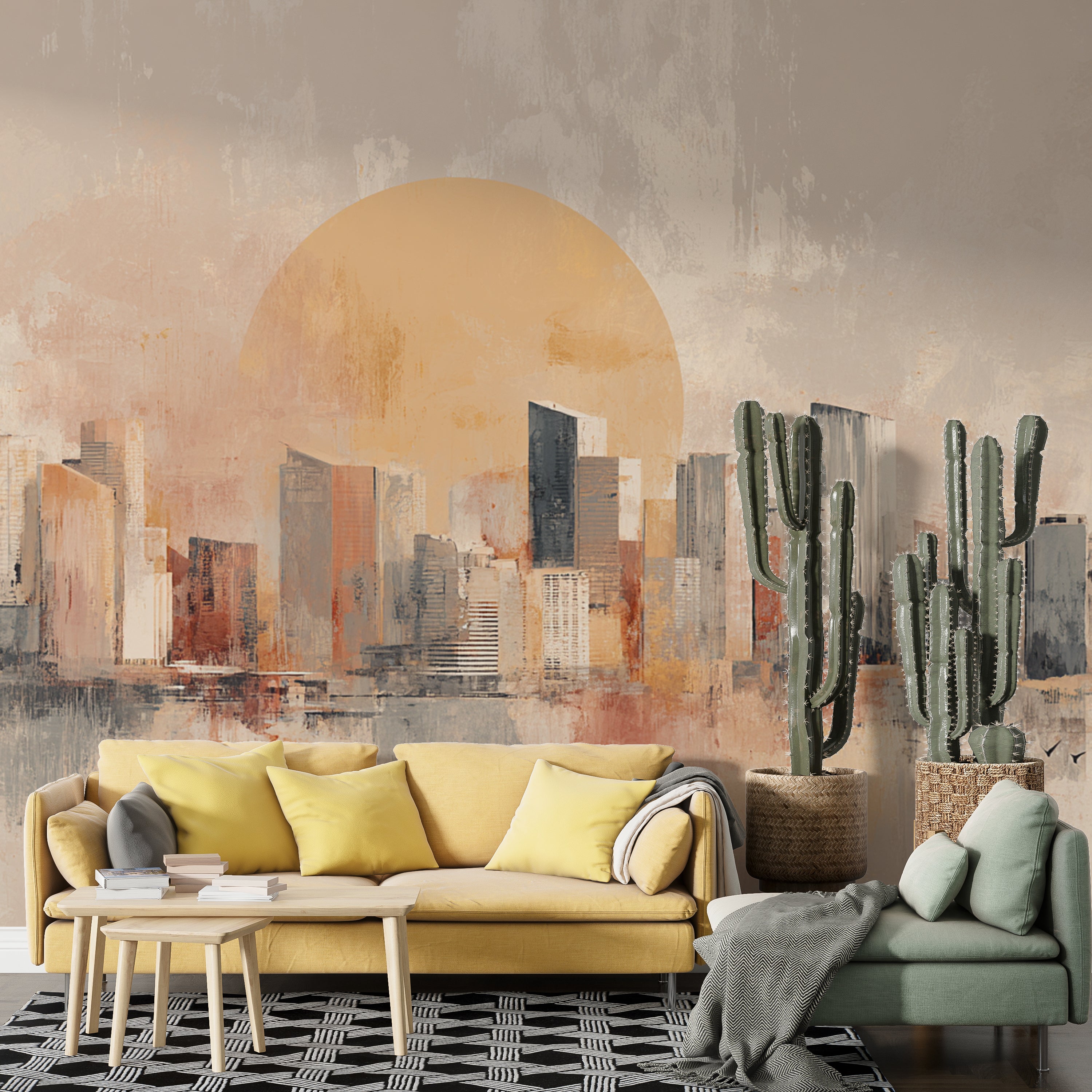 sunset skyline mural
warm tone cityscape