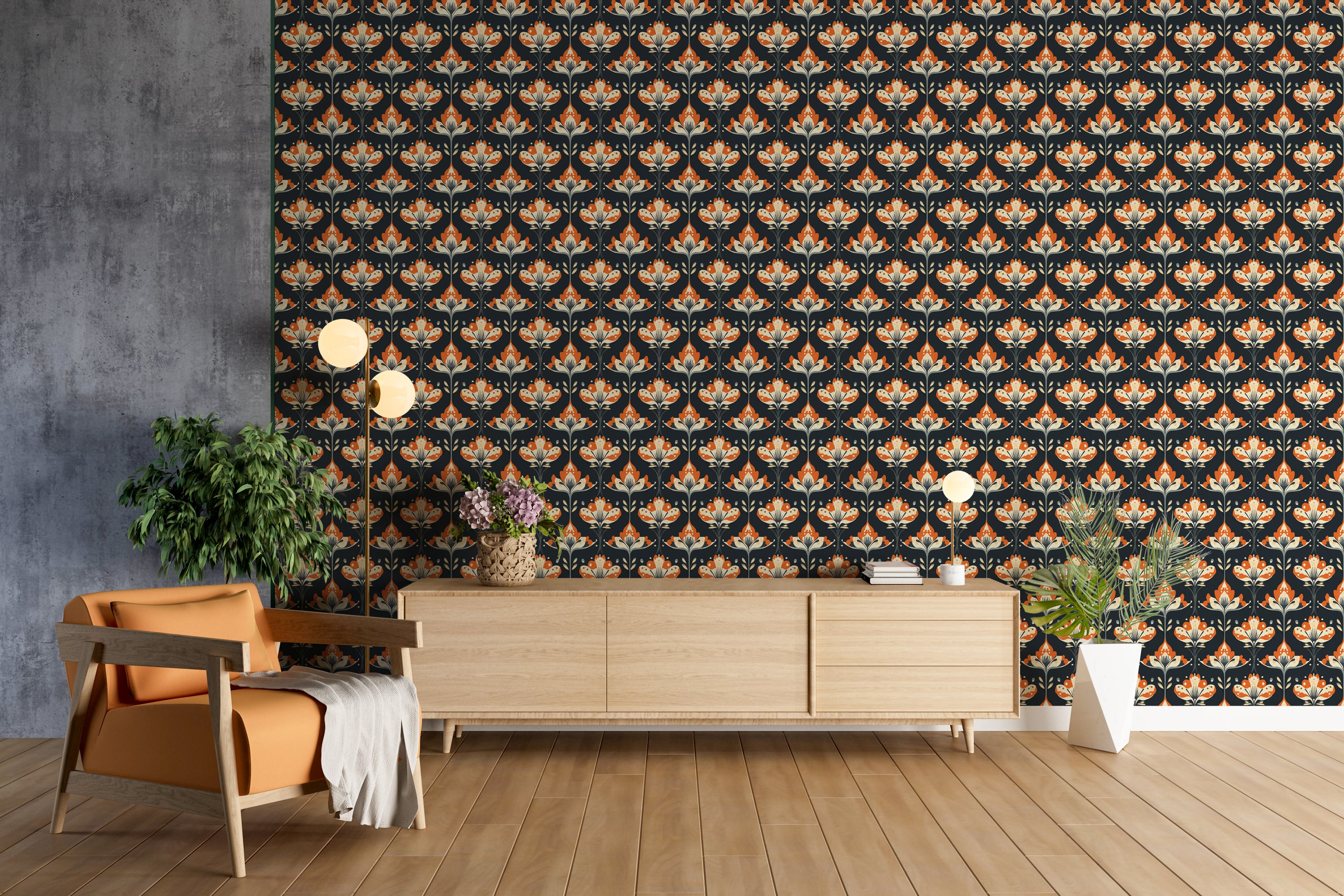 graphic flower mural print
symmetrical folk motif wallpaper