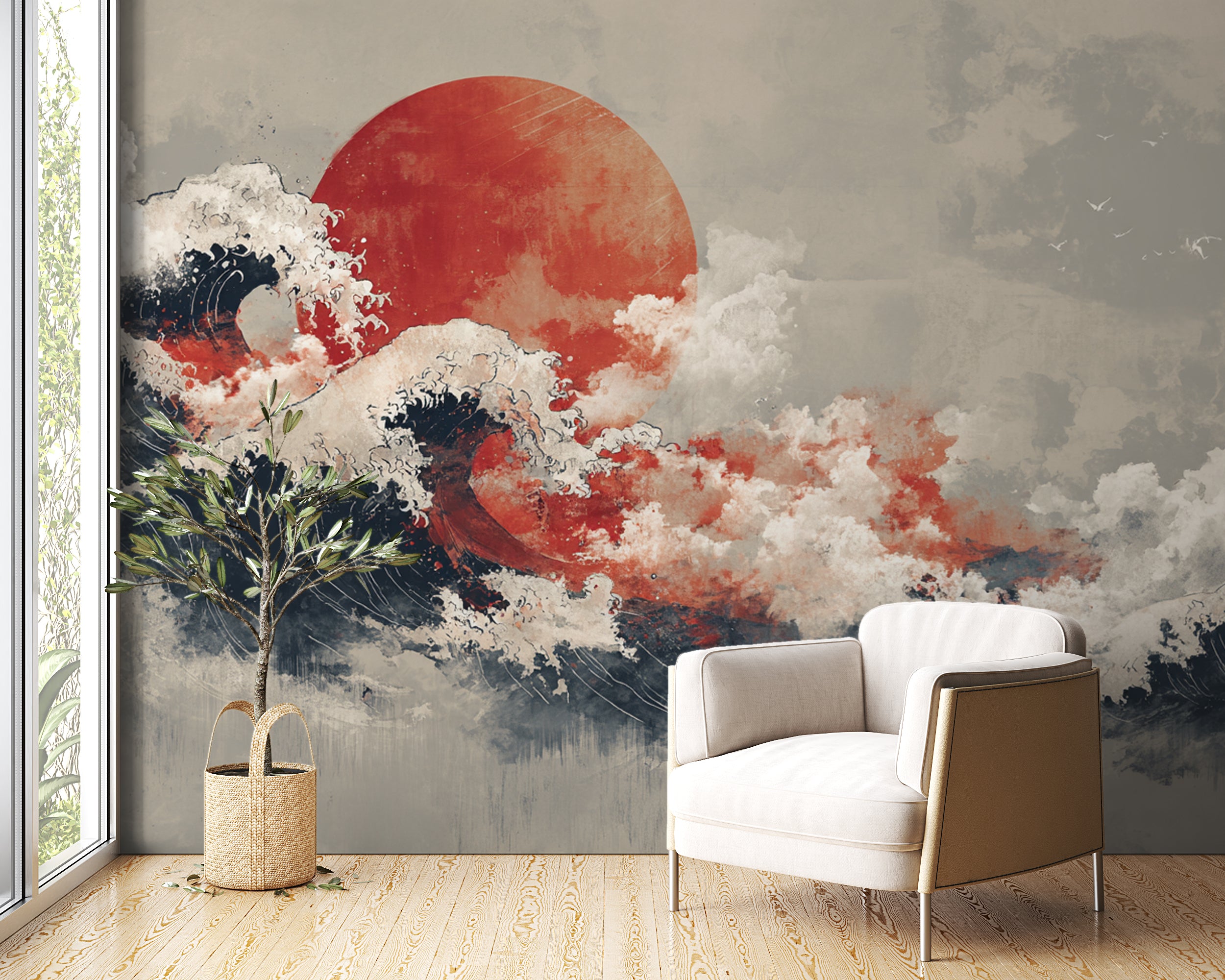 minimalist ocean ink design
zen wave mural wallpaper