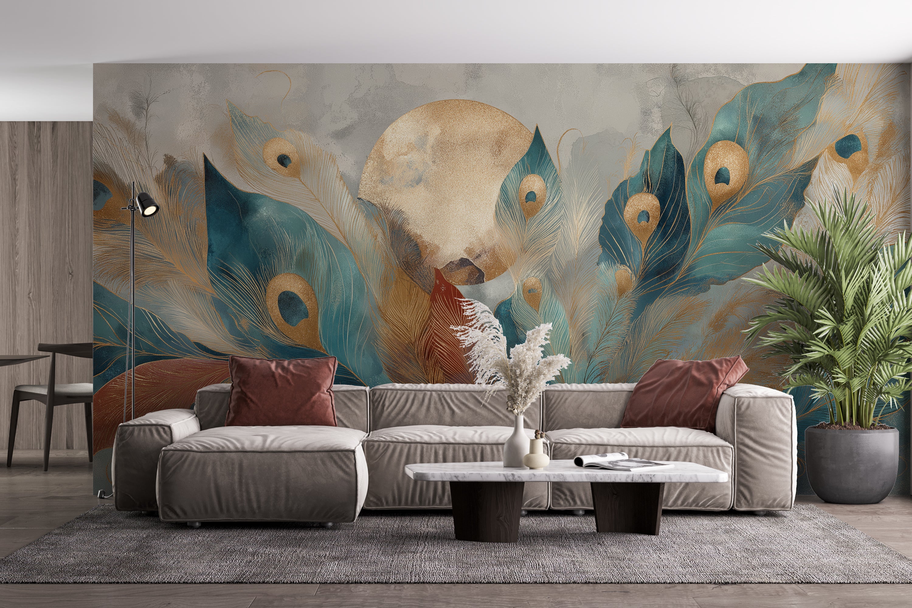 Abstract feather mural with metallic golden details