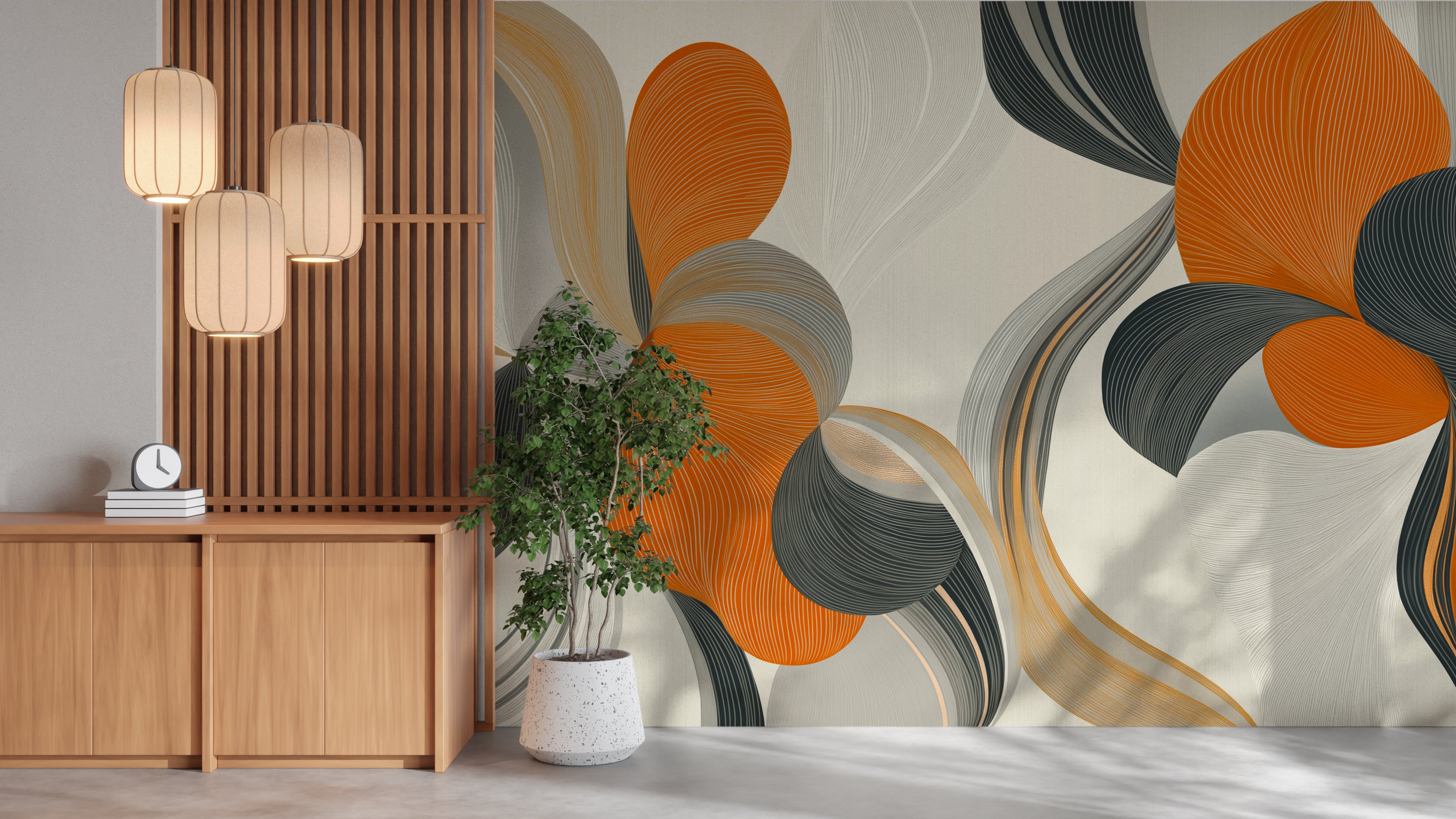 Abstract floral pattern with flowing curved shapes in earthy orange, gray, and beige tones, modern decorative background for design projects