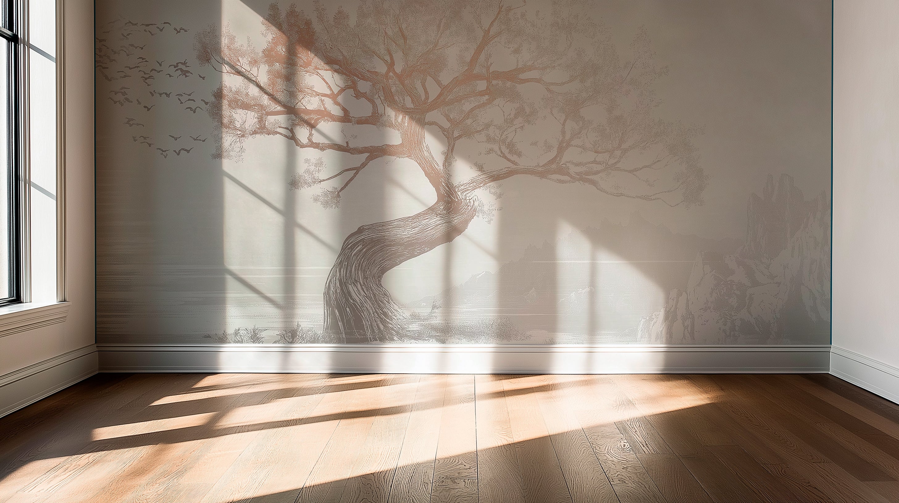Minimalist mural with landscape with twisted tree and flying birds in soft monochrome tones, serene nature-inspired artwork with Asian aesthetic for decor.