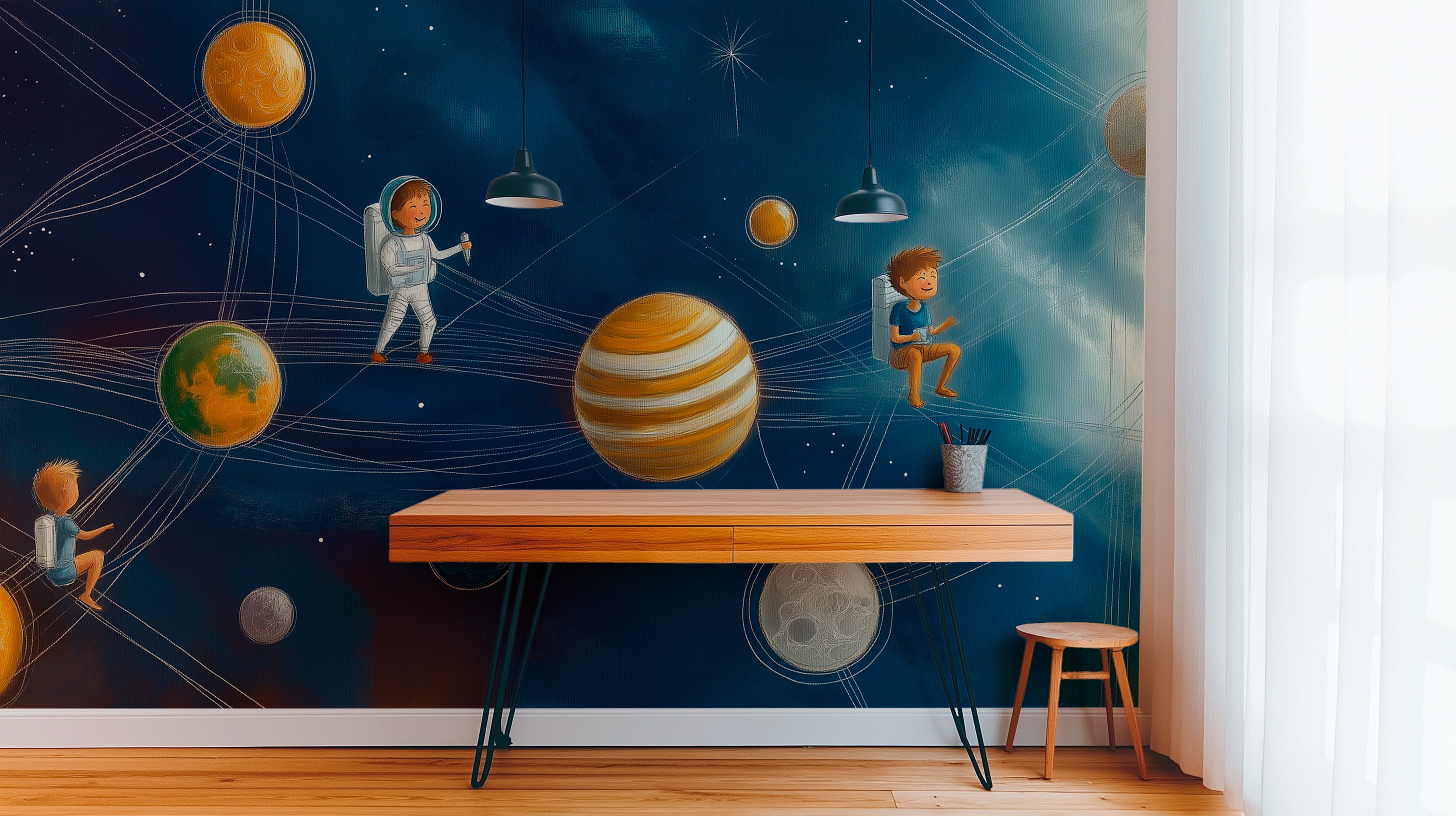 Whimsical space adventure with children exploring planets on cosmic paths, dreamy fantasy illustration of kids traveling through the universe. Mural.