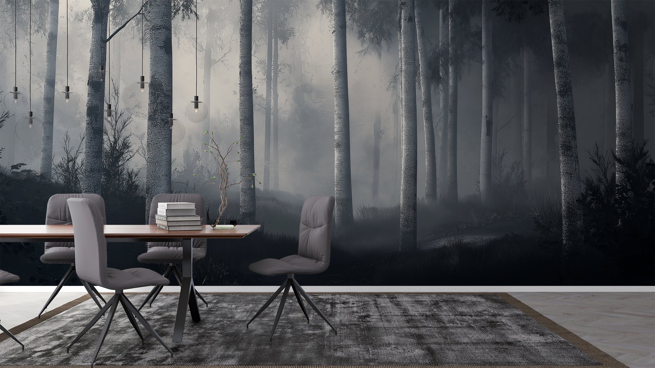 Forest Misty Trees Wallpaper – Nature Wall Decor, Woodland Scene, Black & White Aesthetic