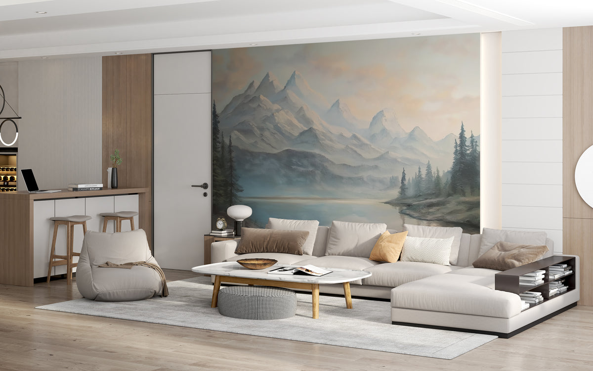 Scenic mountain landscape wallpaper for tranquil interiors