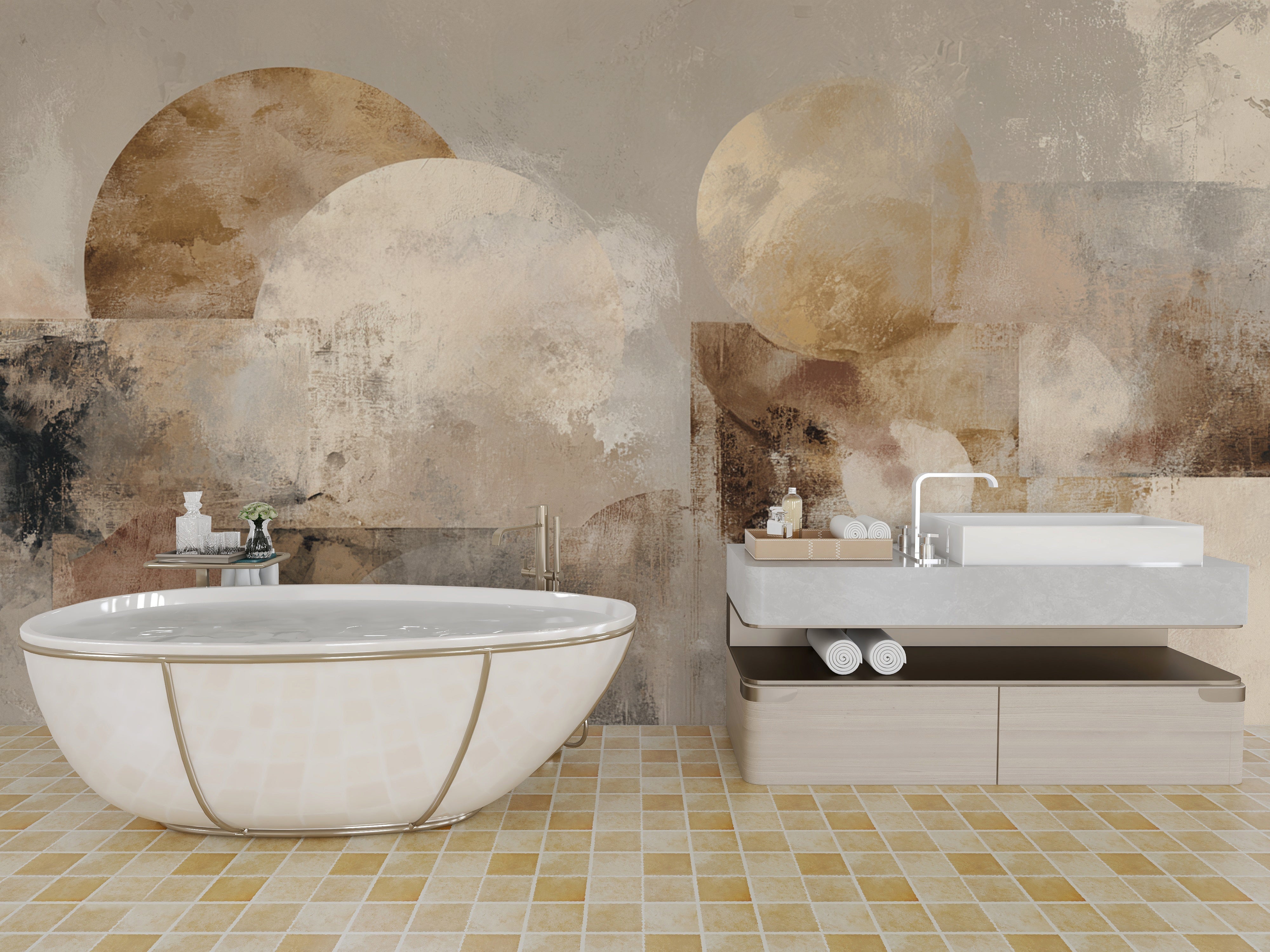 Neutral geometric mural with textured abstract forms in beige and gold