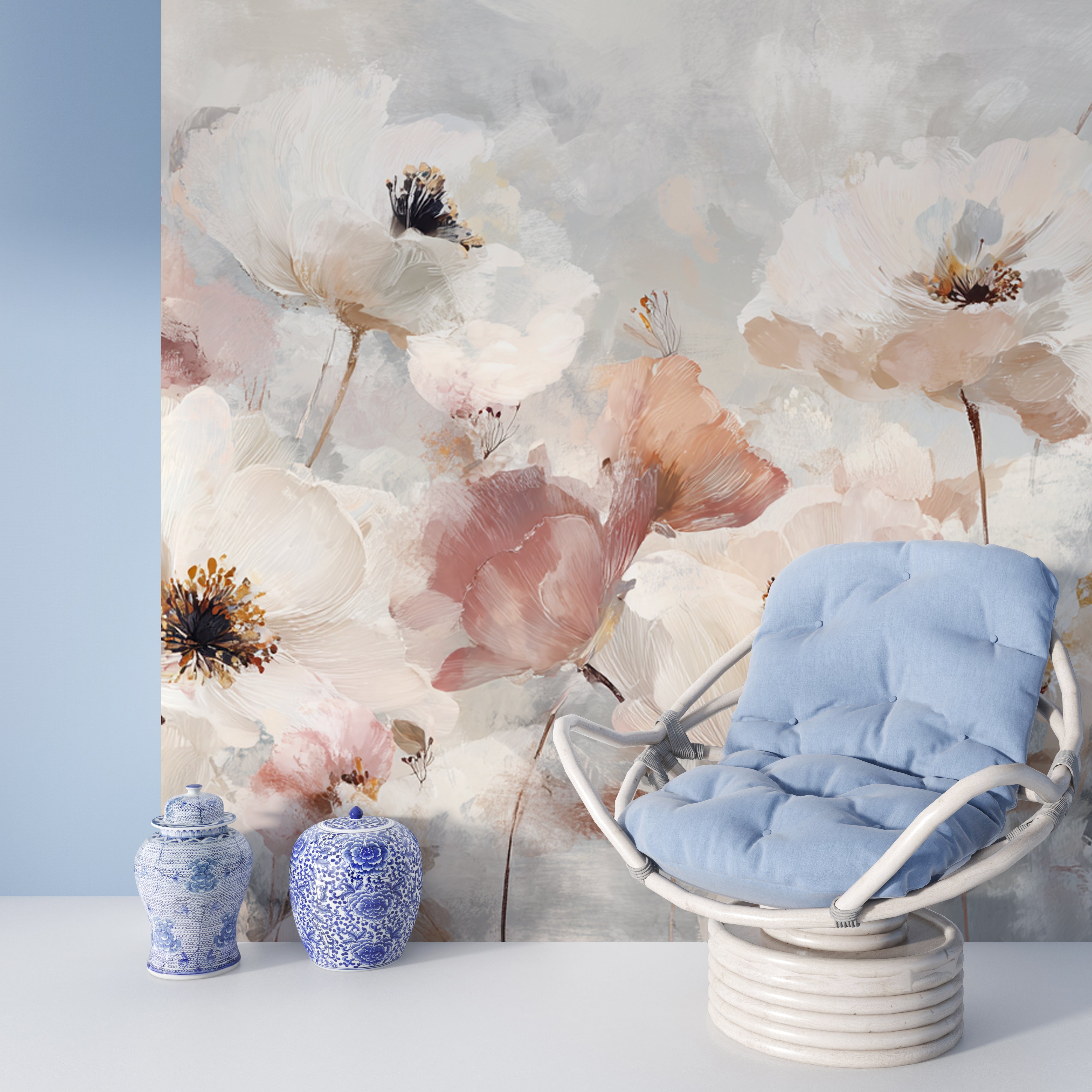 Romantic Floral Wall Mural – Blush and Cream Watercolor Flowers Wallpaper