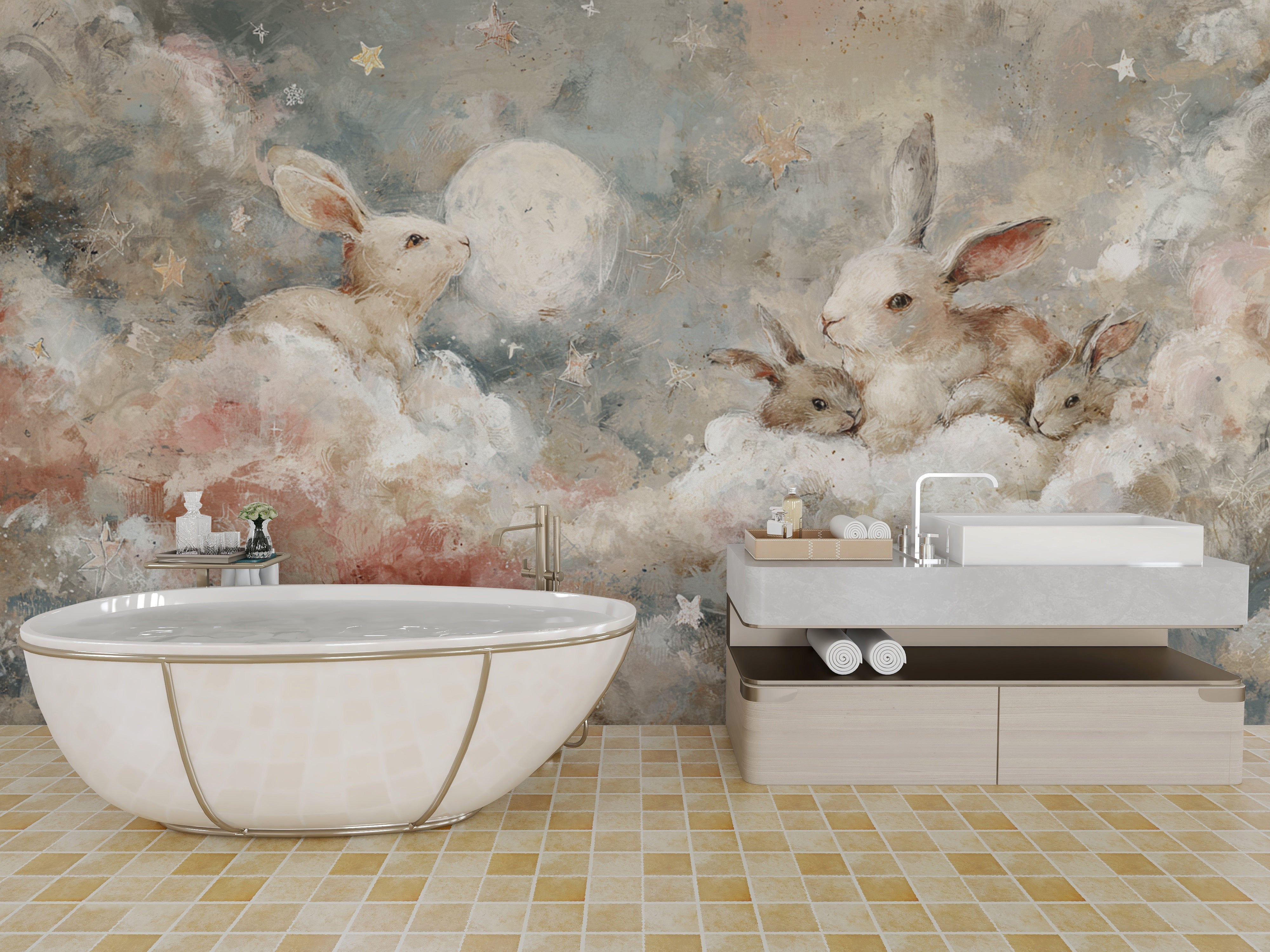 Pastel Bunny Mural for Nursery Kids Room Wall Art with Moon Stars and Clouds in Soft Colors