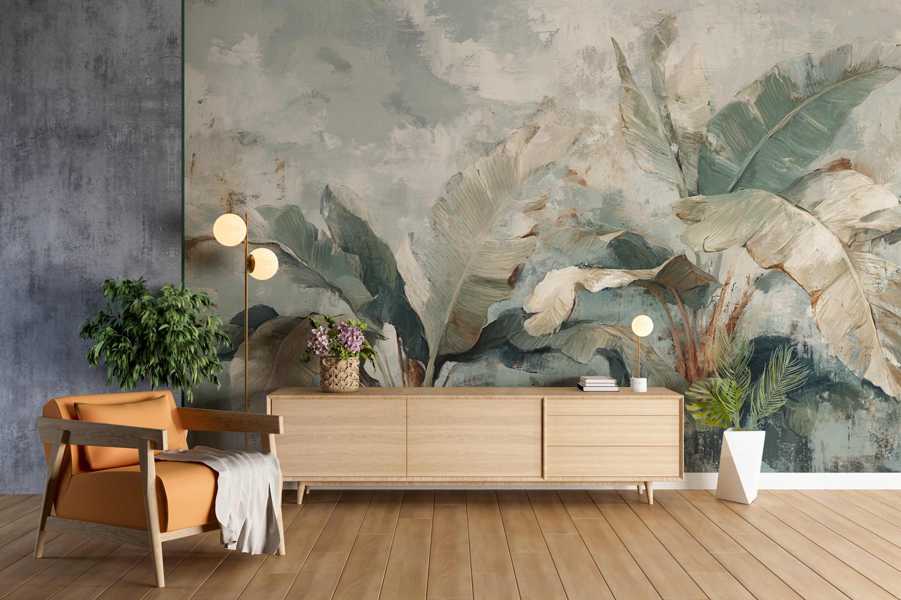 Botanical Wall Mural with Tropical Banana Leaves in Muted Green and Cream for Jungle Inspired Decor