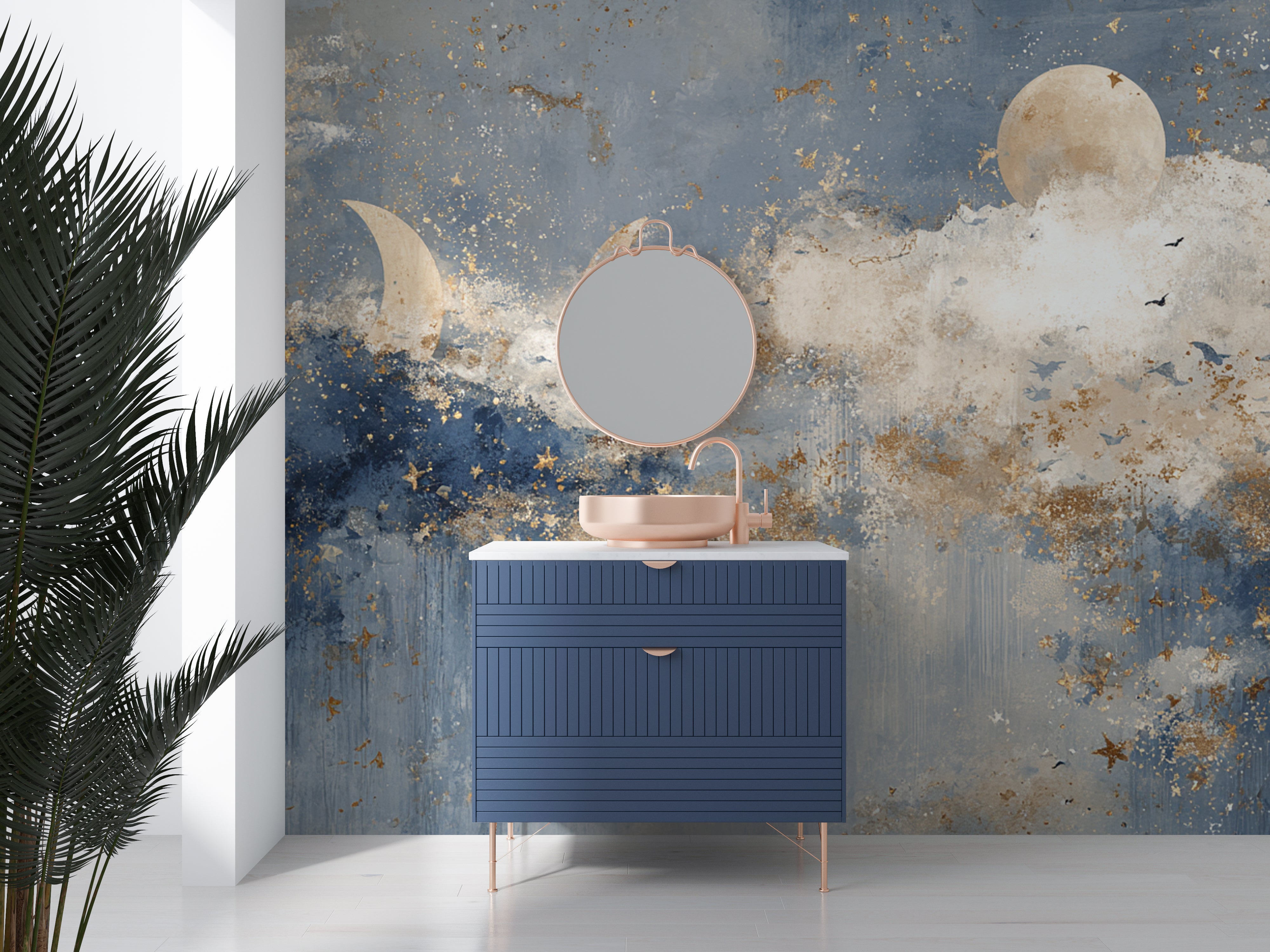 Celestial Wall Mural with Moon Phases Stars and Clouds in Navy Blue and Gold for Nursery or Dreamy Room Decor
