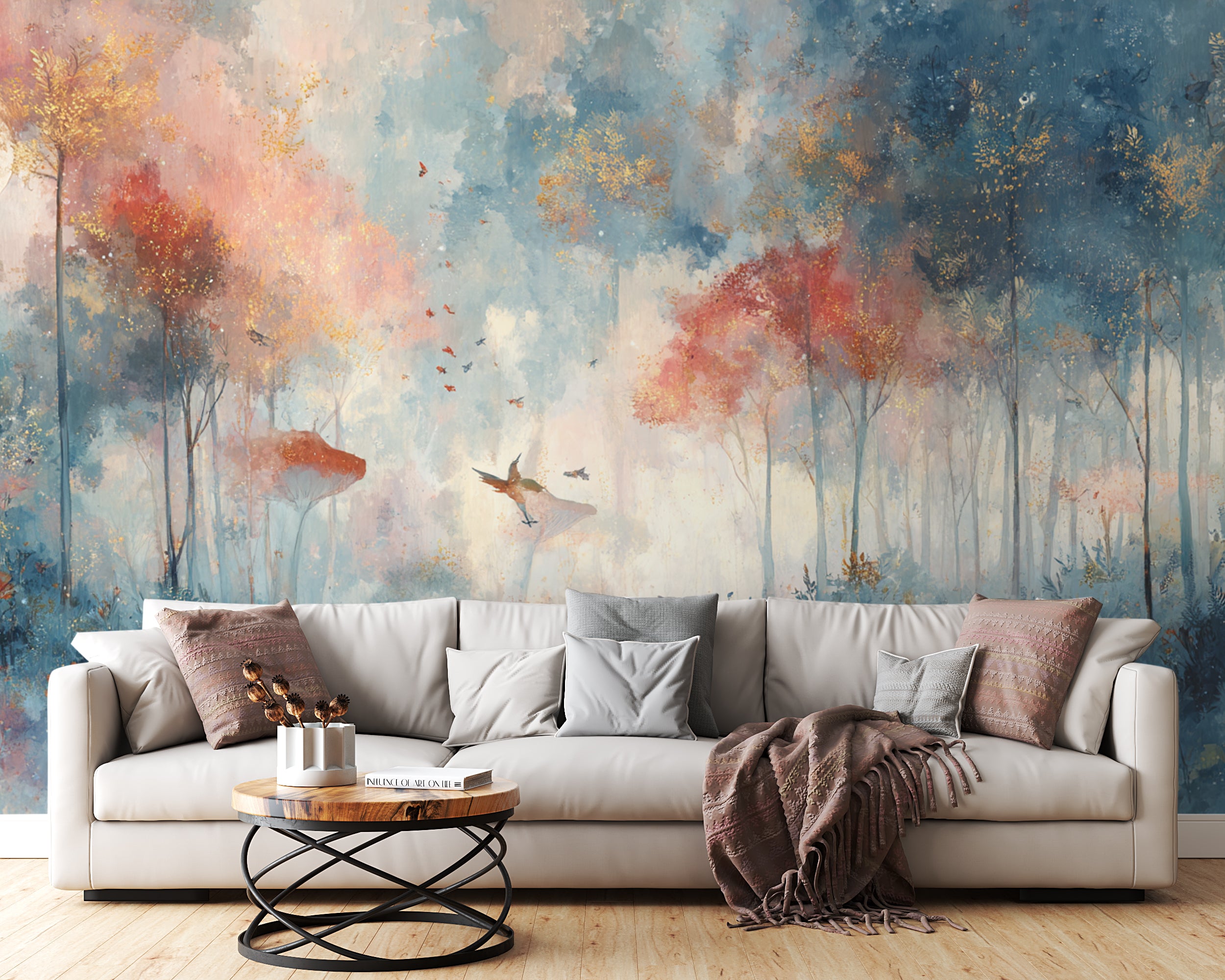 Fantasy Forest Wallpaper Mural – Magical Woodland Wall Art with Birds, Glowing Trees, Dreamy Blue and Coral Colors for Kids or Boho Rooms