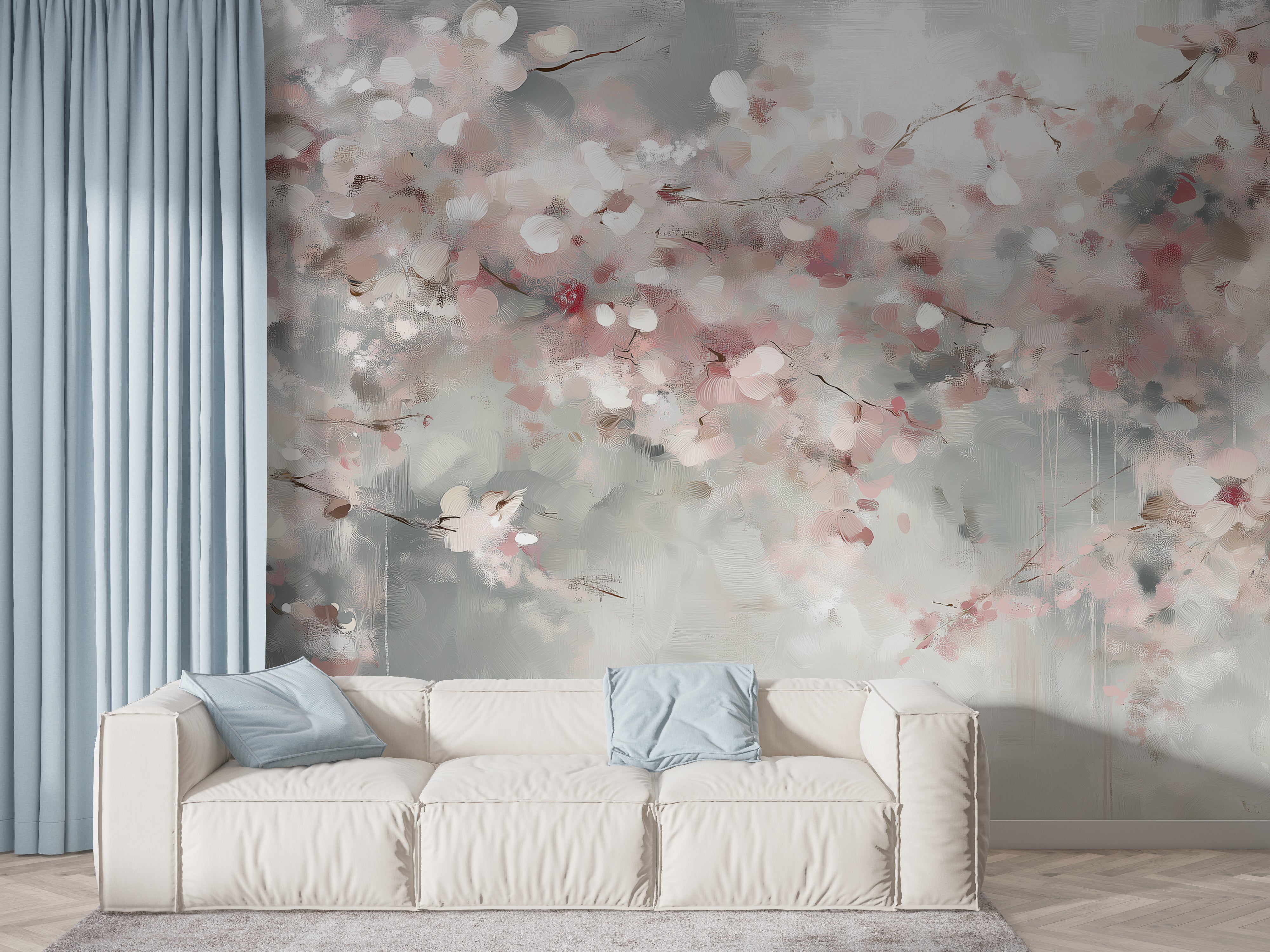 Romantic cherry blossom mural in blush pink and ivory tones