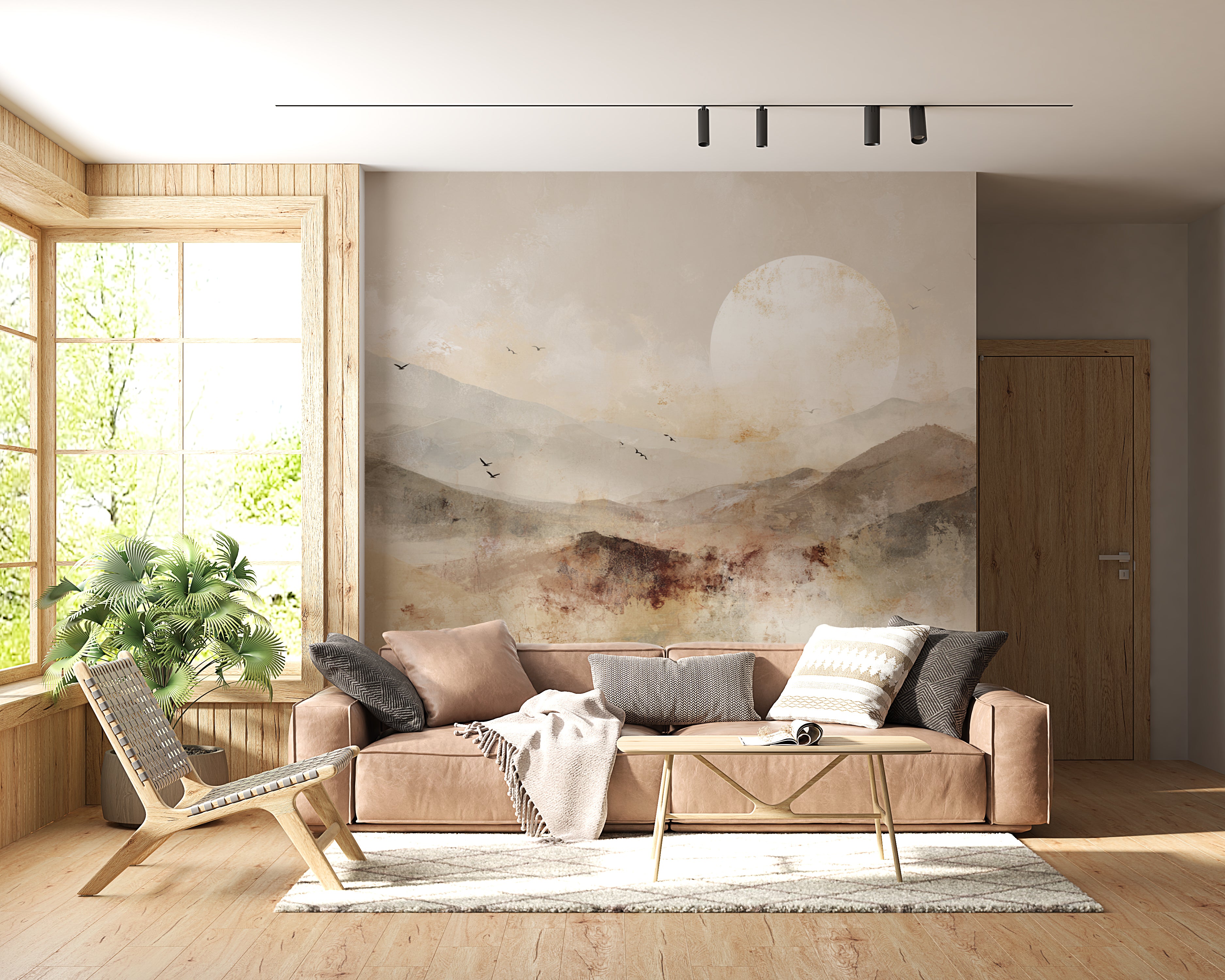 Japandi wall mural with abstract mountain layers and birds
