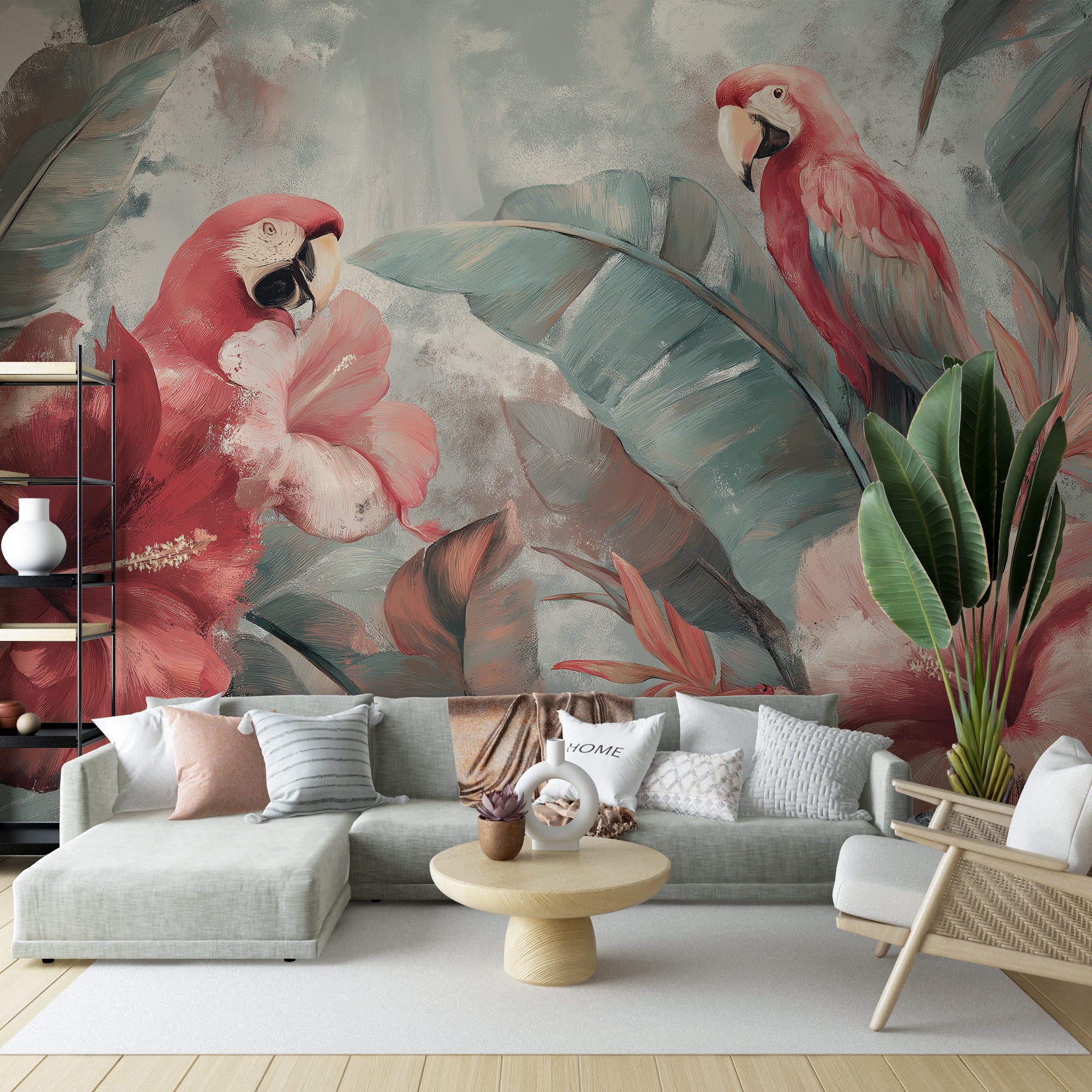 Large floral wall mural with birds of paradise and parrots