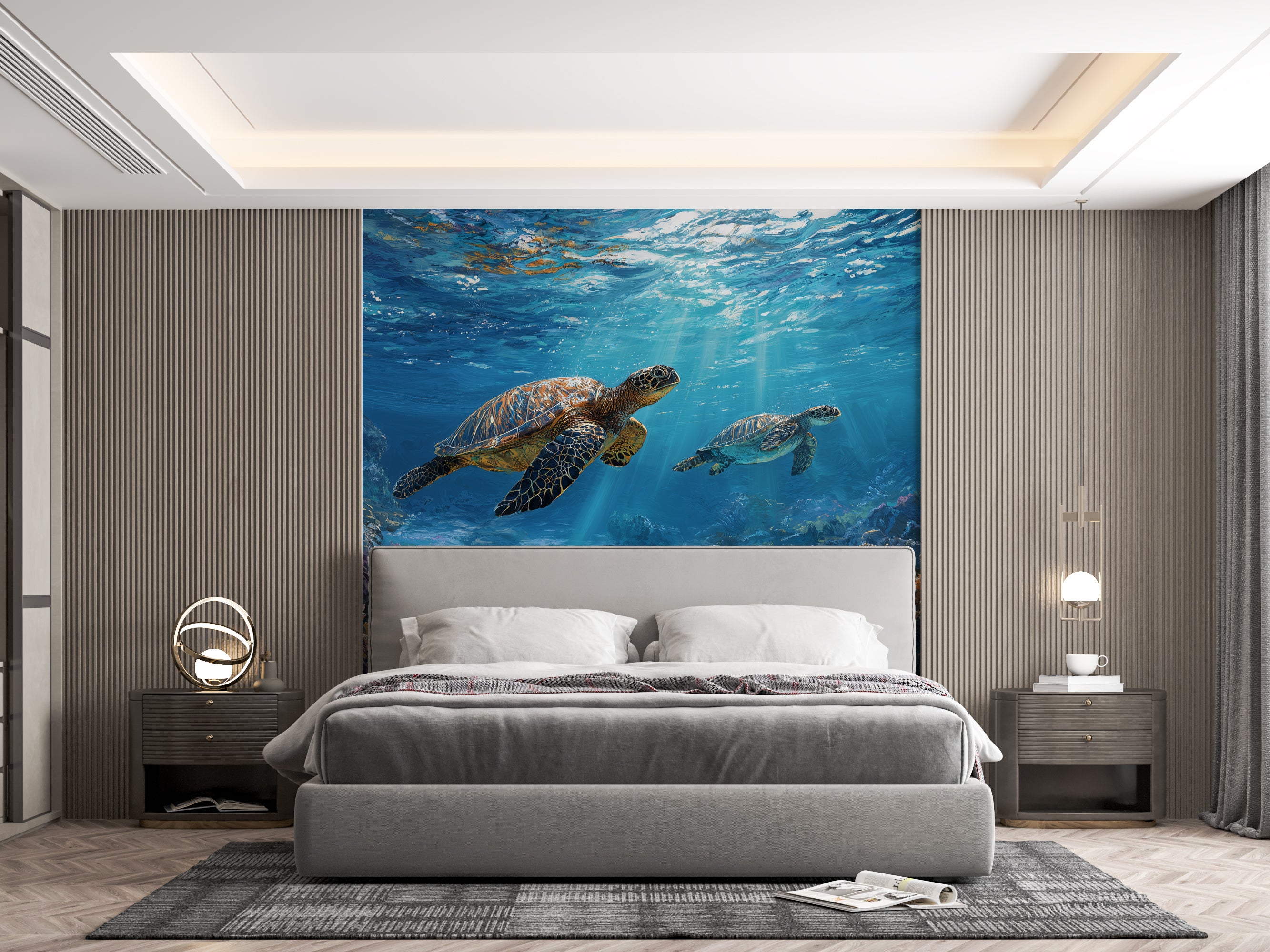 large blue underwater wall art with turtles