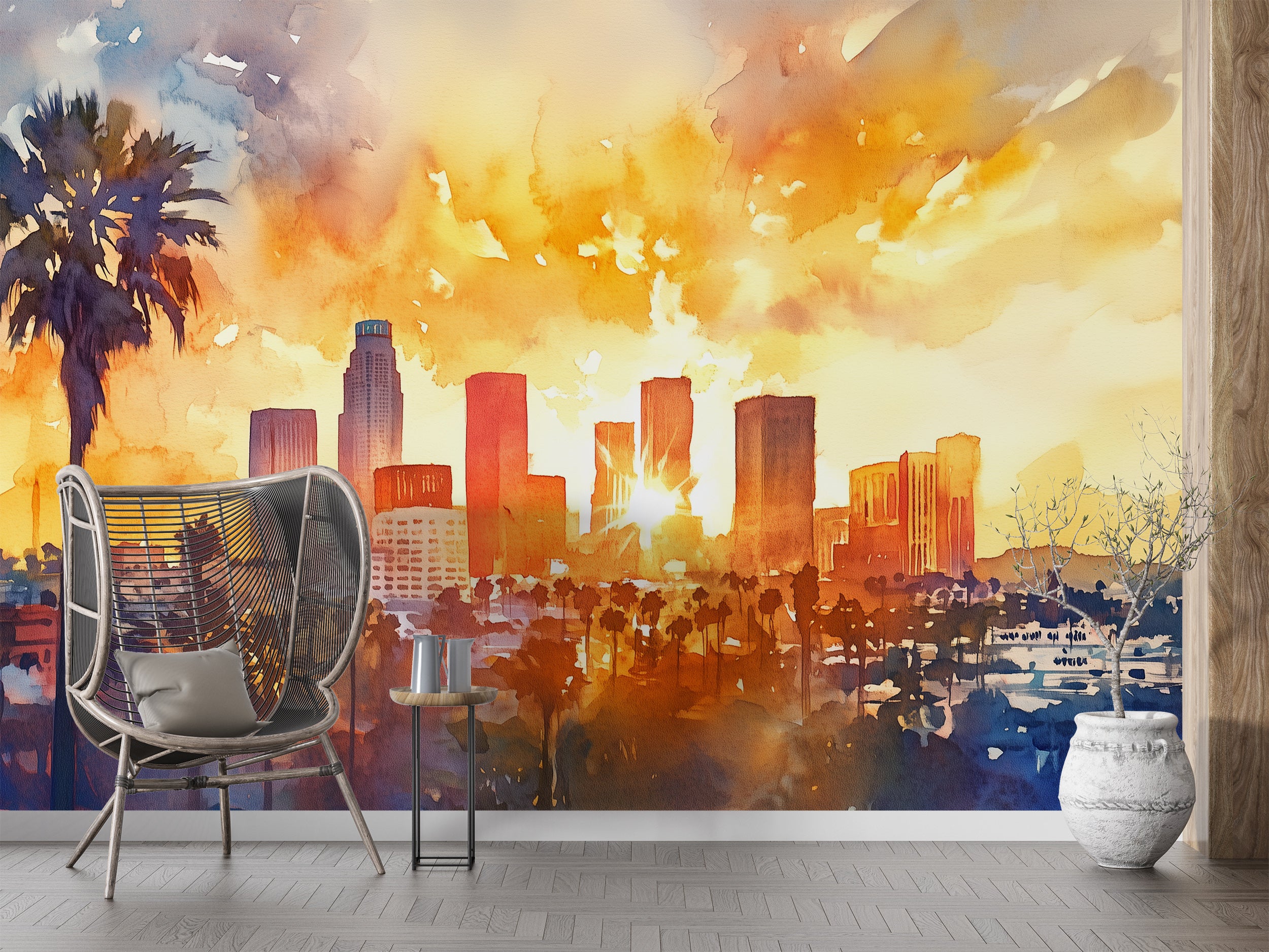 Los Angeles Sunset Mural, Peel and Stick Watercolor City Wallpaper, Los Angeles Downtown Art, California Iconic View Wall Decor