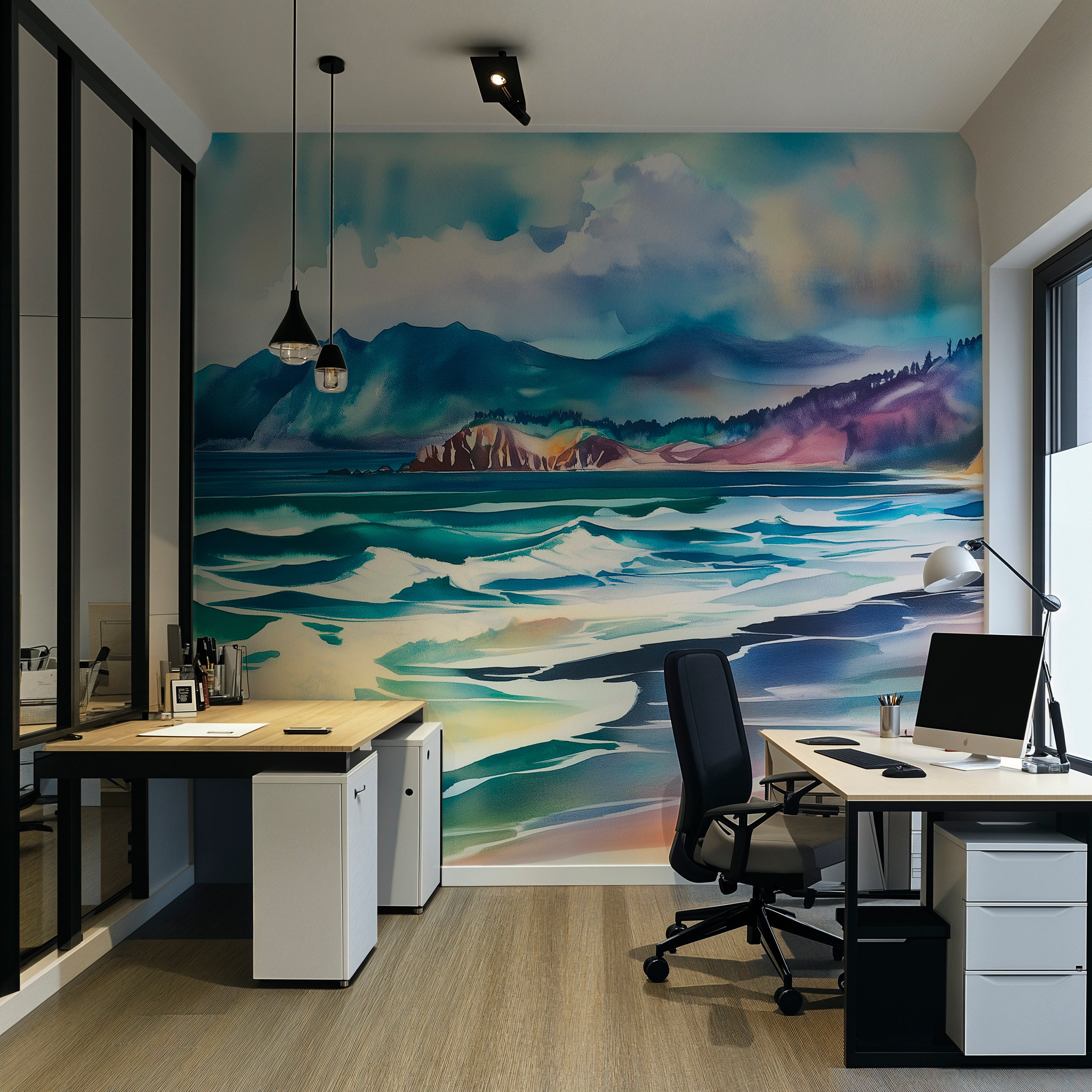 Colorful Beach Wallpaper, Peel and Stick California Coastal Mural, Removable Ocean Wall Art, Watercolor Beach and Mountains Decor