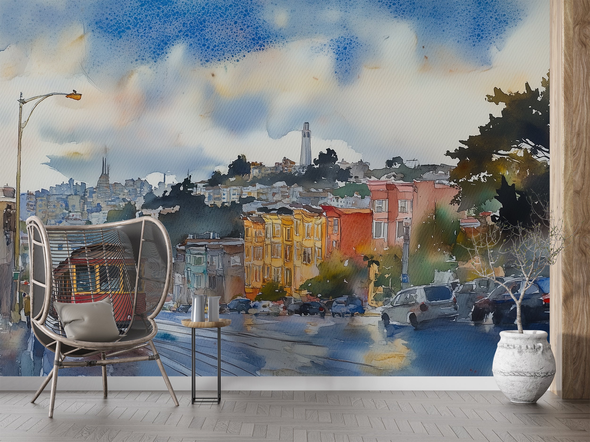 San Francisco Iconic View Mural, Peel and Stick City Landscape Wallpaper, Watercolor Colorful Tram in San Francisco Decor