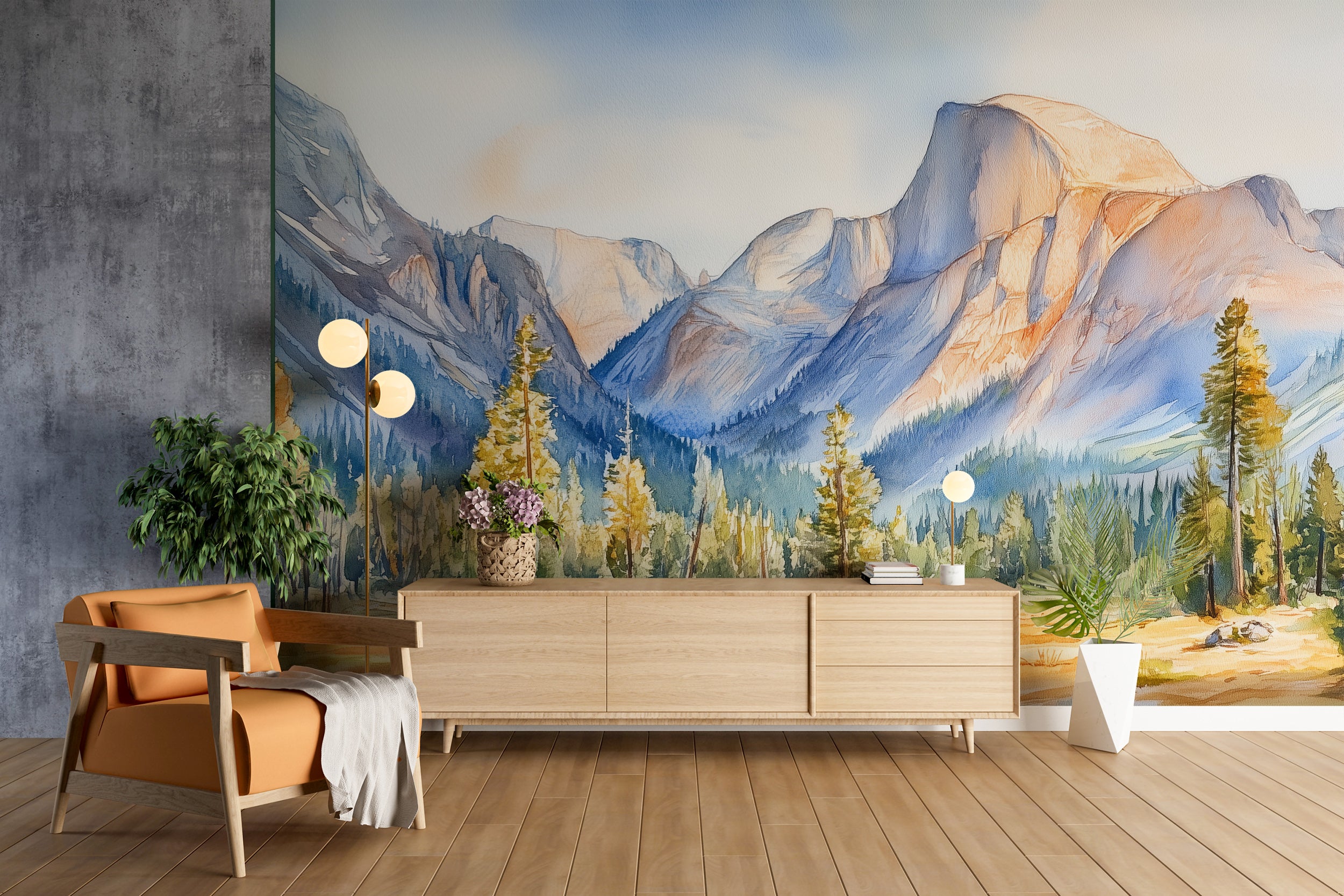 Yosemite Park Wall Mural, Peel and Stick California Rock Mountains Wallpaper, Watercolor National Part Pine Forest Decor