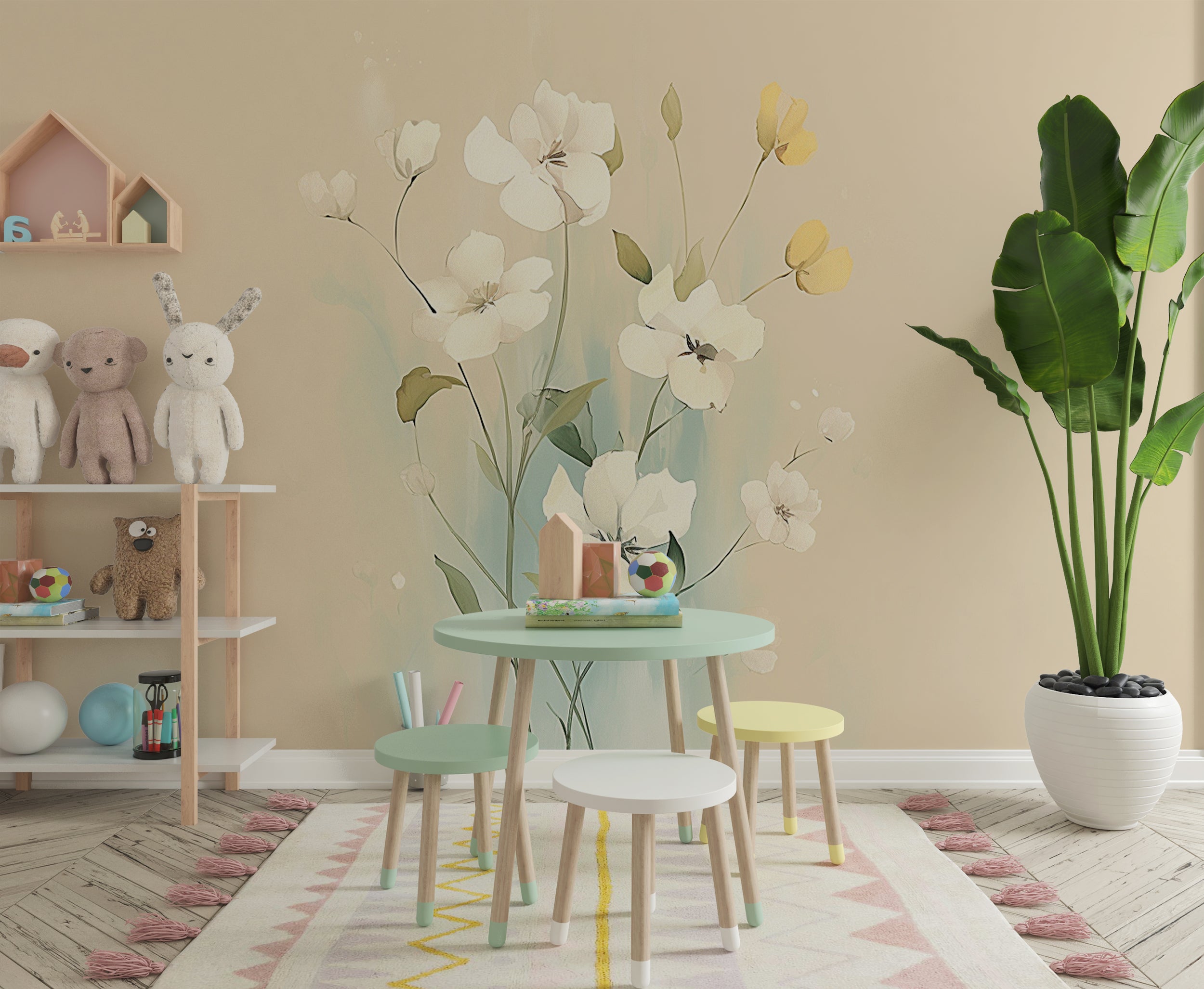 Subtle Floral Wallpaper in White and Beige