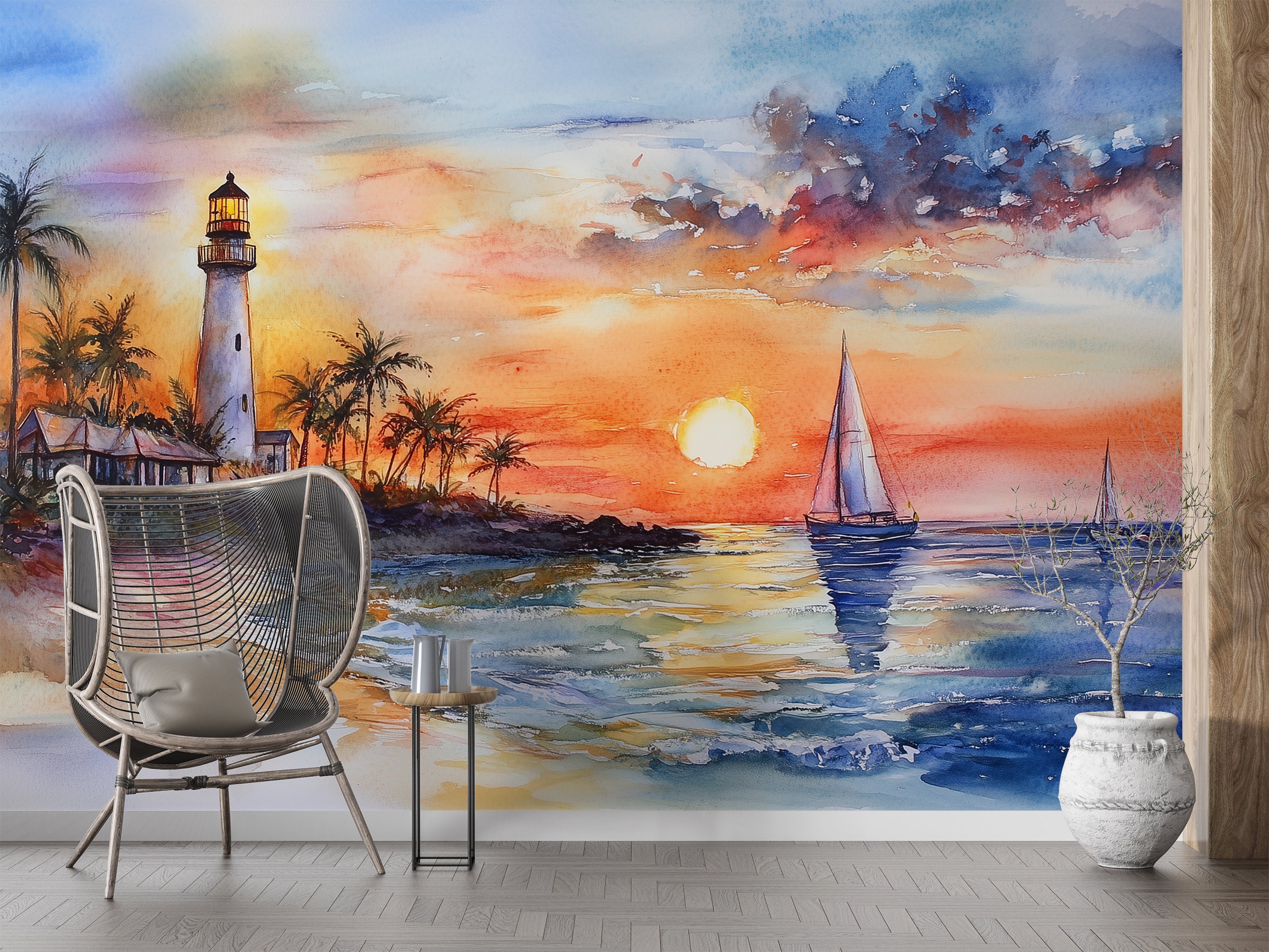 Florida Beach Lighthouse Wall Mural, Peel and Stick White Sailboat Wallpaper, Colorful Coastal Mural, Watercolor Ocean Sunset Art