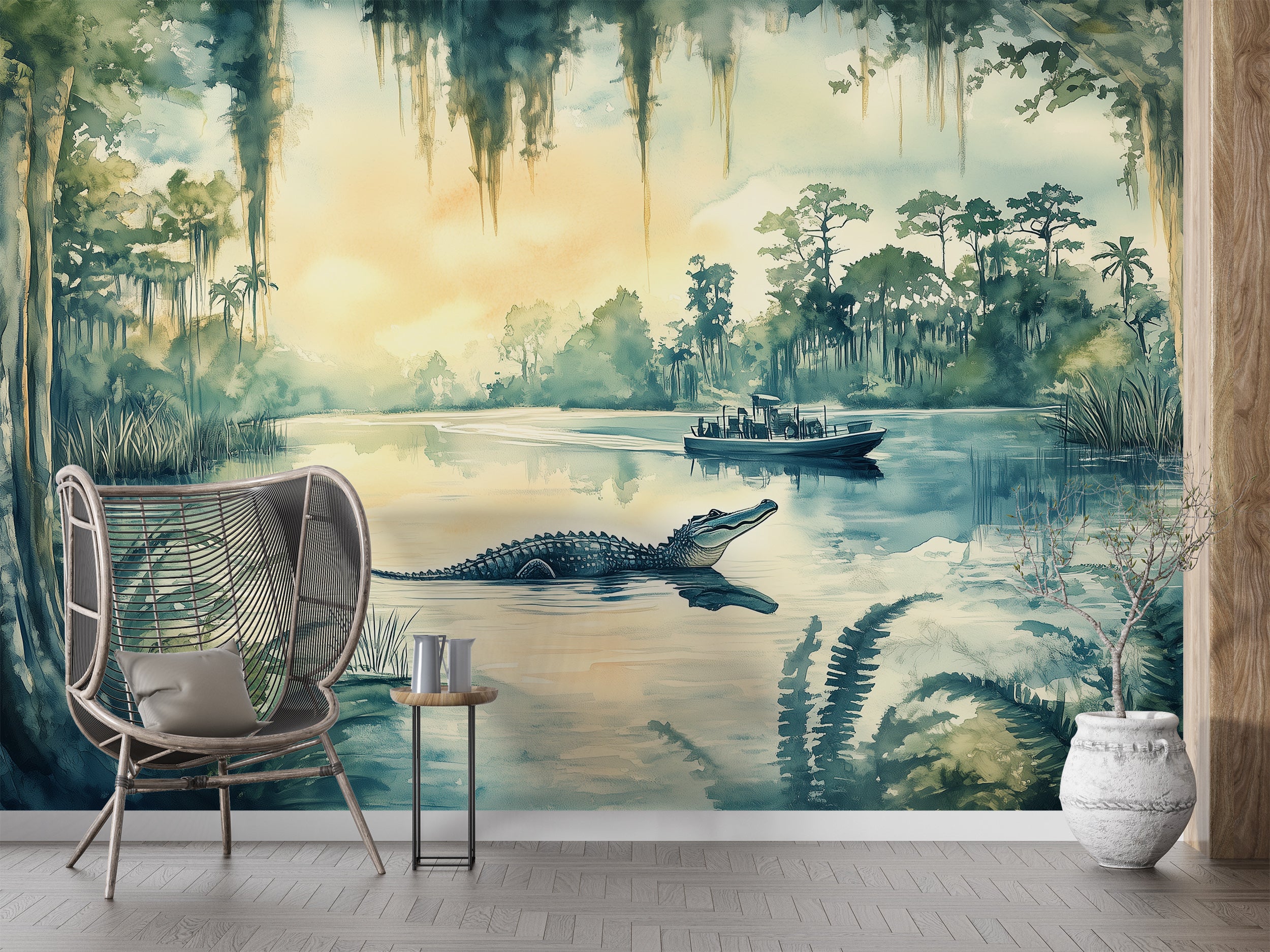 Vintage Scenic River Wall Mural, Peel and Stick Alligators in Wild Nature Wallpaper, Florida Jungle River Wall Mural