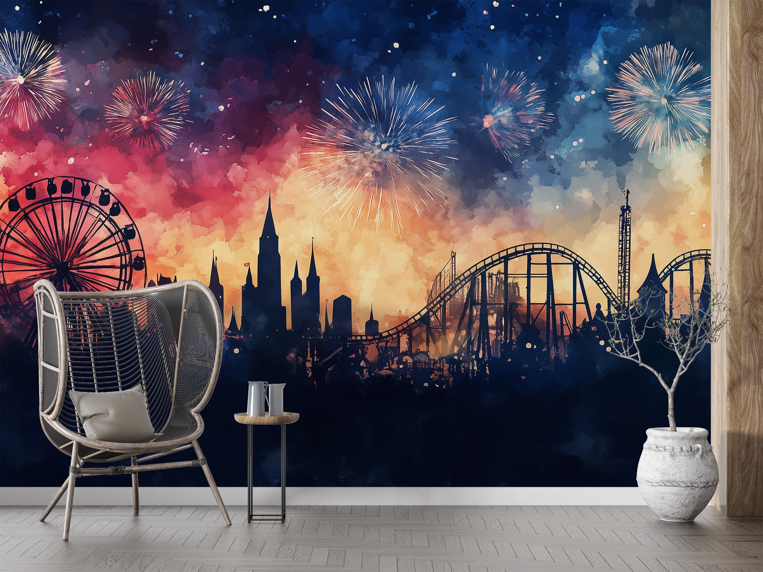 Ferris Wheel and Castle Wallpaper, Peel and Stick Florida Iconic Park View Mural, Fireworks Colorful Wall Art