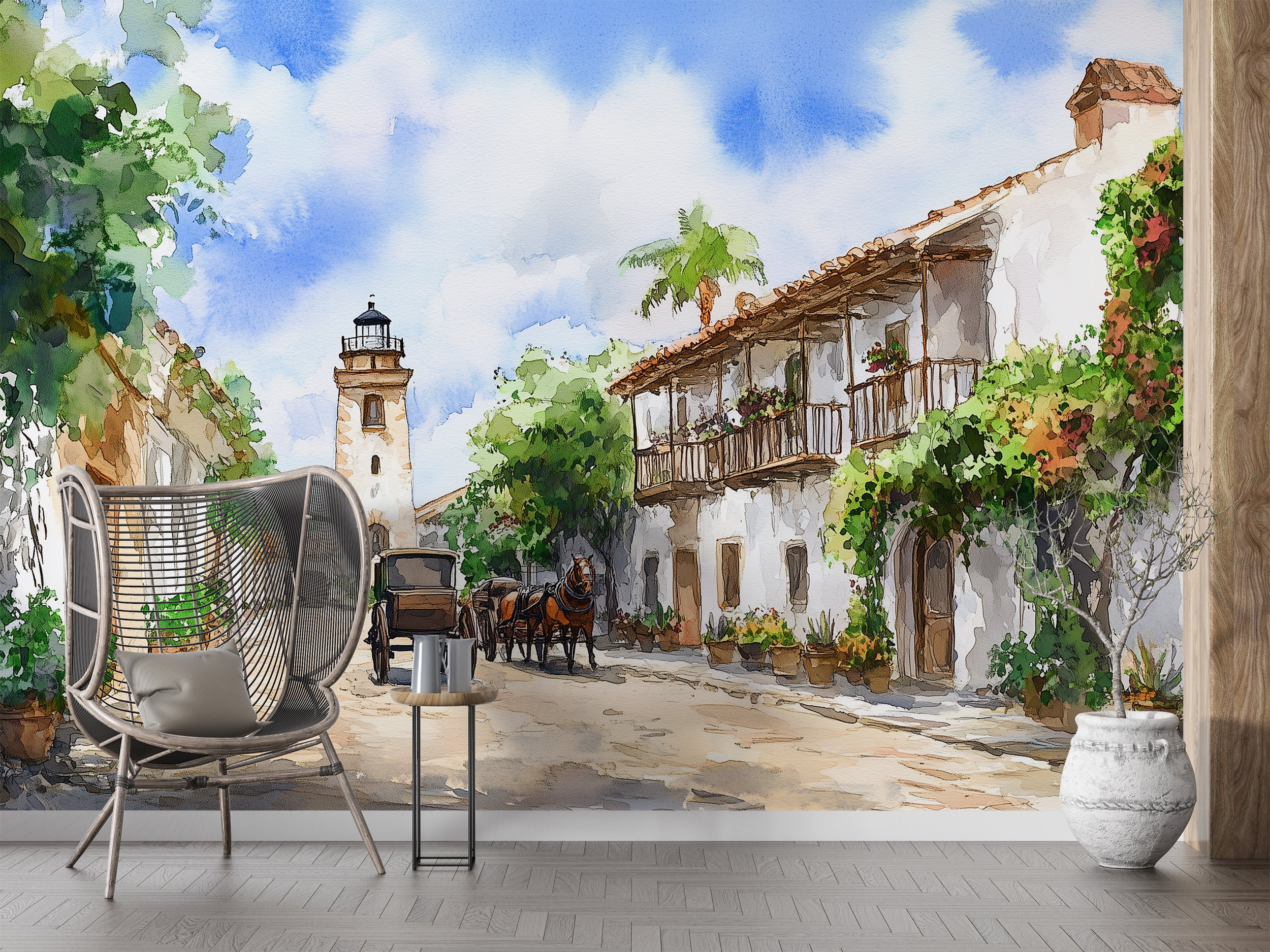 Old Town in Florida Wall Mural, Peel and Stick Watercolor Lighthouse Wallpaper, Vintage Accent Wall Art