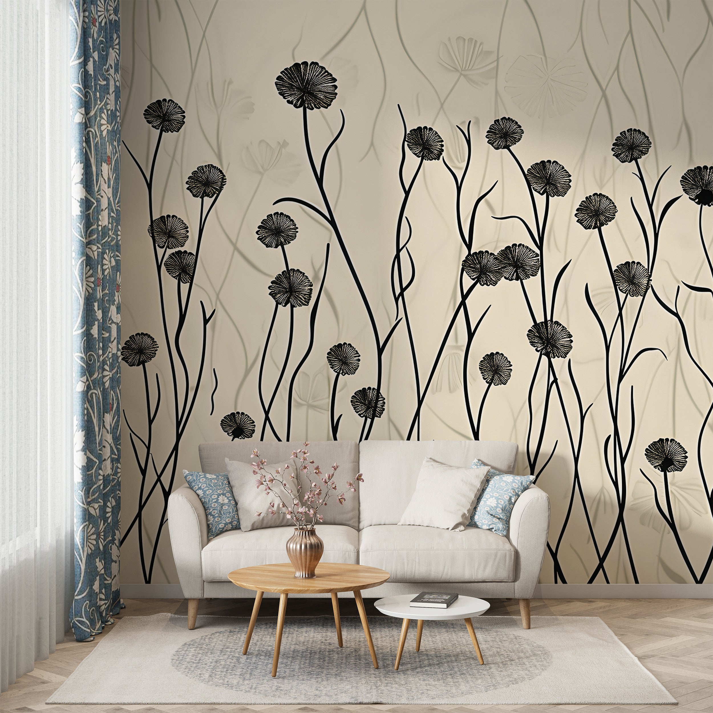 Beige Plants Wall Mural, Light Botanical Wallpaper, Abstract Floral Wall Decal, Peel and Stick Beige Flower Mural, Meadow Flowers Mural