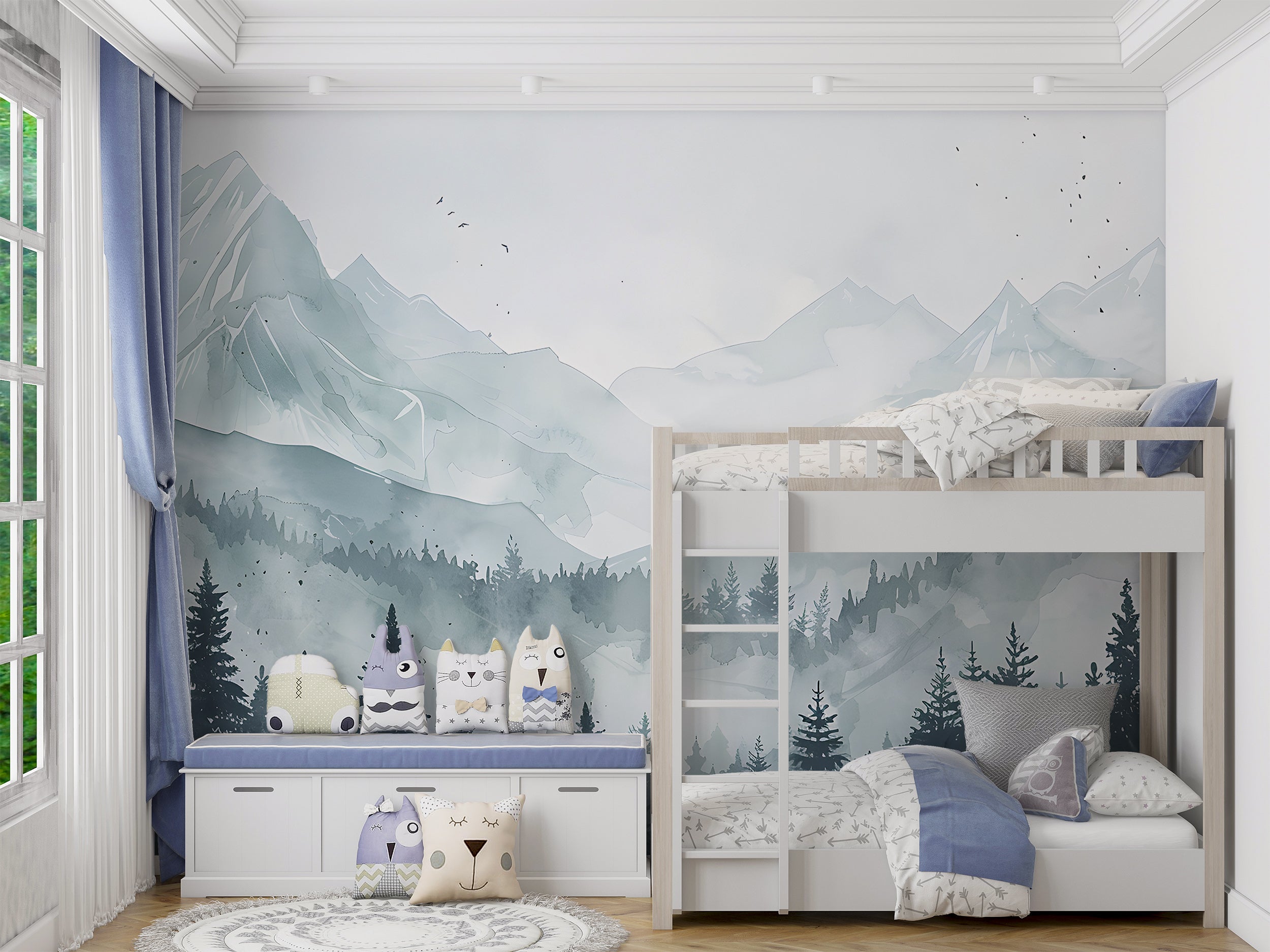 Mountain and Forest Landscape Mural, Watercolor Mountains Wallpaper, Peel and Stick Pine Forest Wall Decal, Nursery Blue Mountain Mural