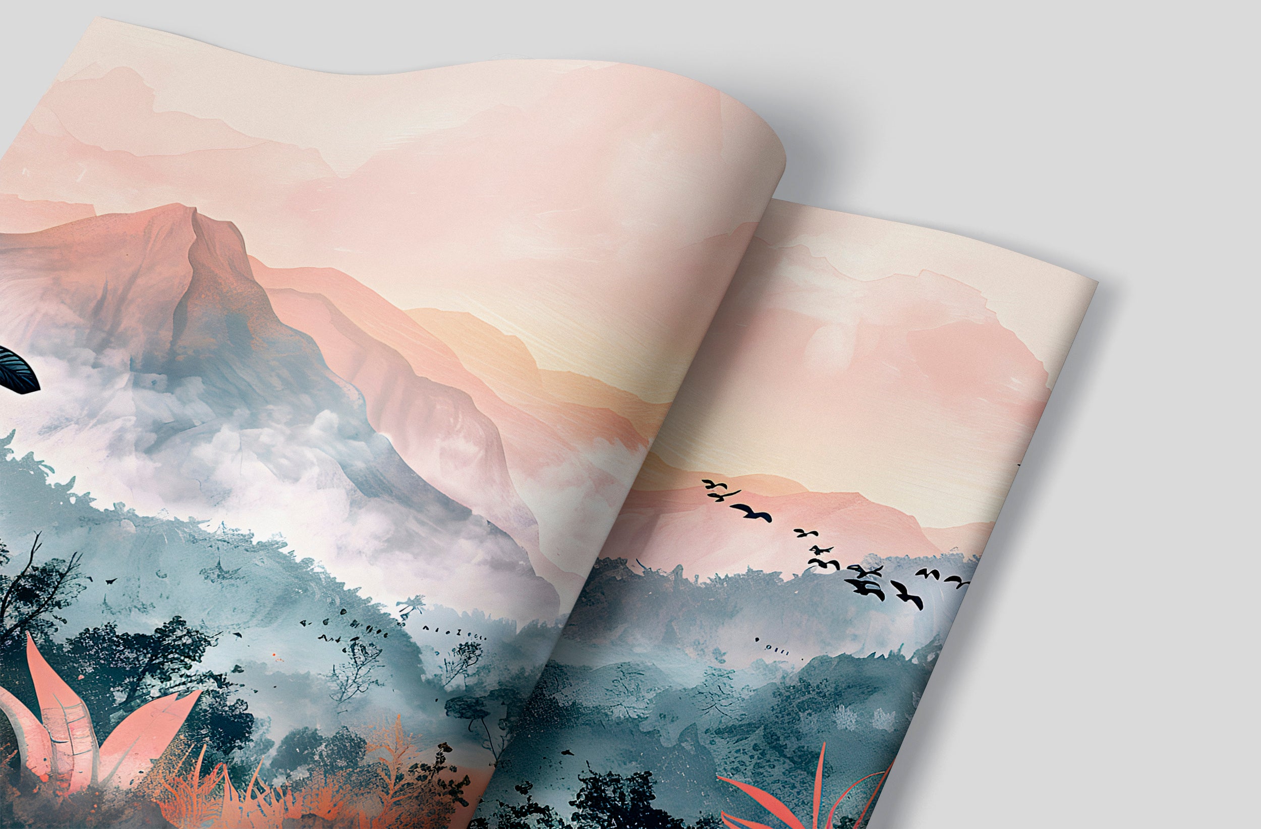 Colorful Jungle Forest Mural, Mountains in the Forest Wallpaper, Peel and Stick Colorful Mountain, Wild Nature Wall Decal, Nursery PVC free