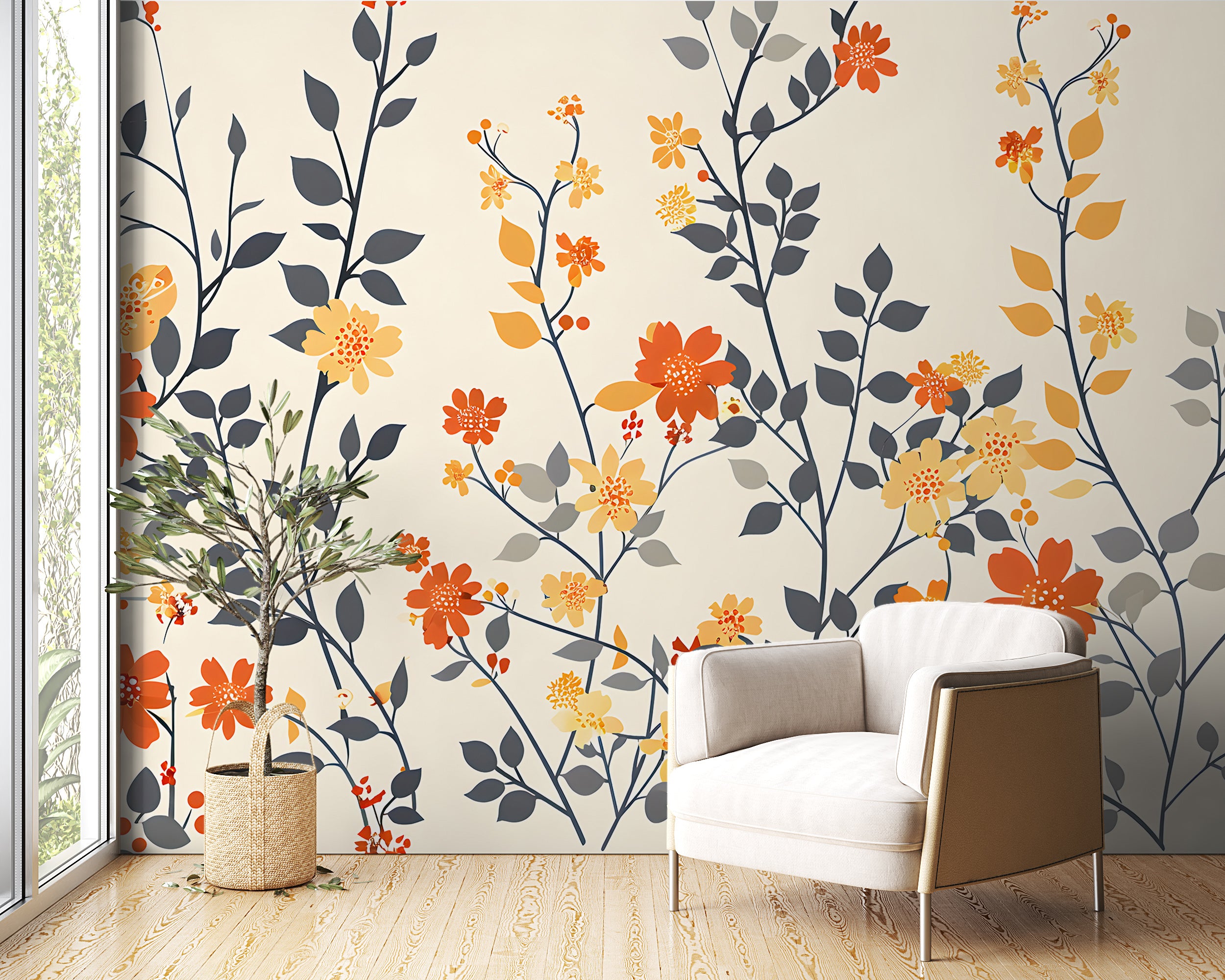 Beige Floral Mural, Red and Yellow Flowers Wallpaper, Self-adhesive Botanical Wall Decal, Removable Pastel Colors Meadow Flower Mural