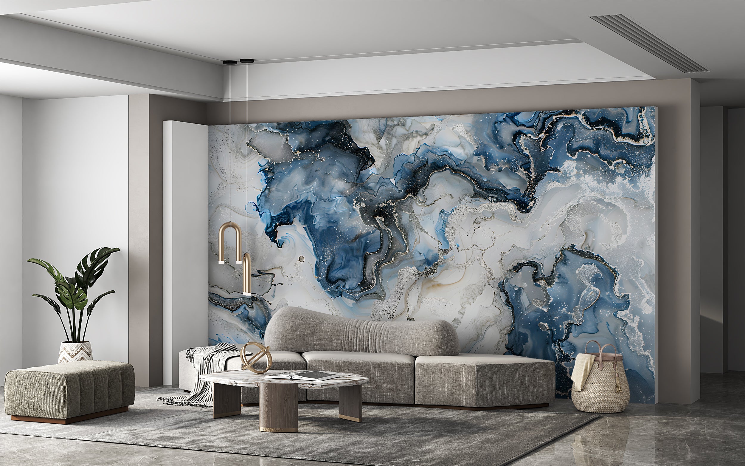 Blue and White Marble Wallpaper, Alcohol ink wall mural, Abstract Peel and Stick Stone Wallpaper, Blue & Silver Removable Modern Art