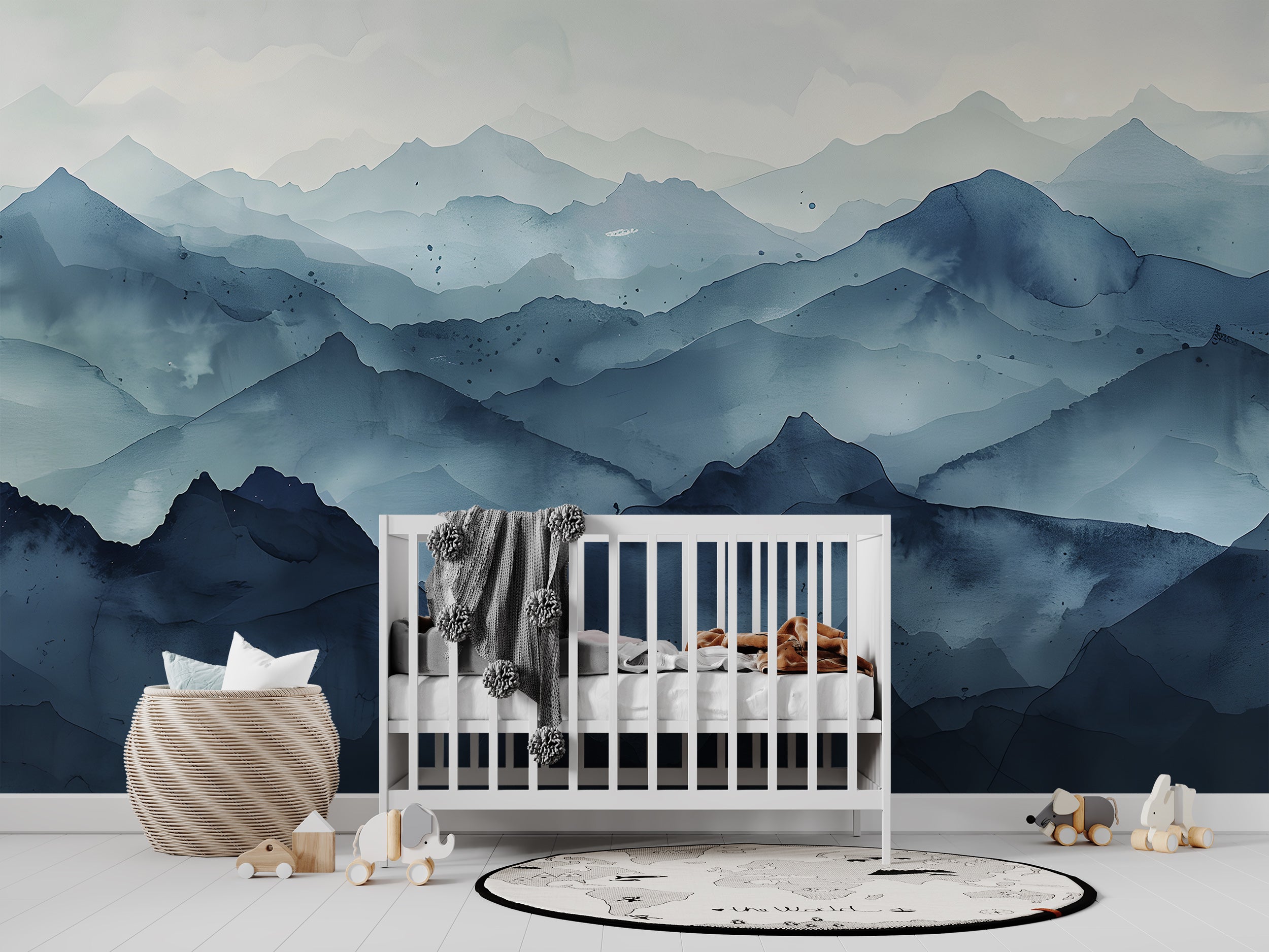 Dark Blue Mountains Mural, Watercolor Mountain Landscape Wallpaper, Peel and Stick Navy Blue Nature Art, Nursery Mountains Wall Decal