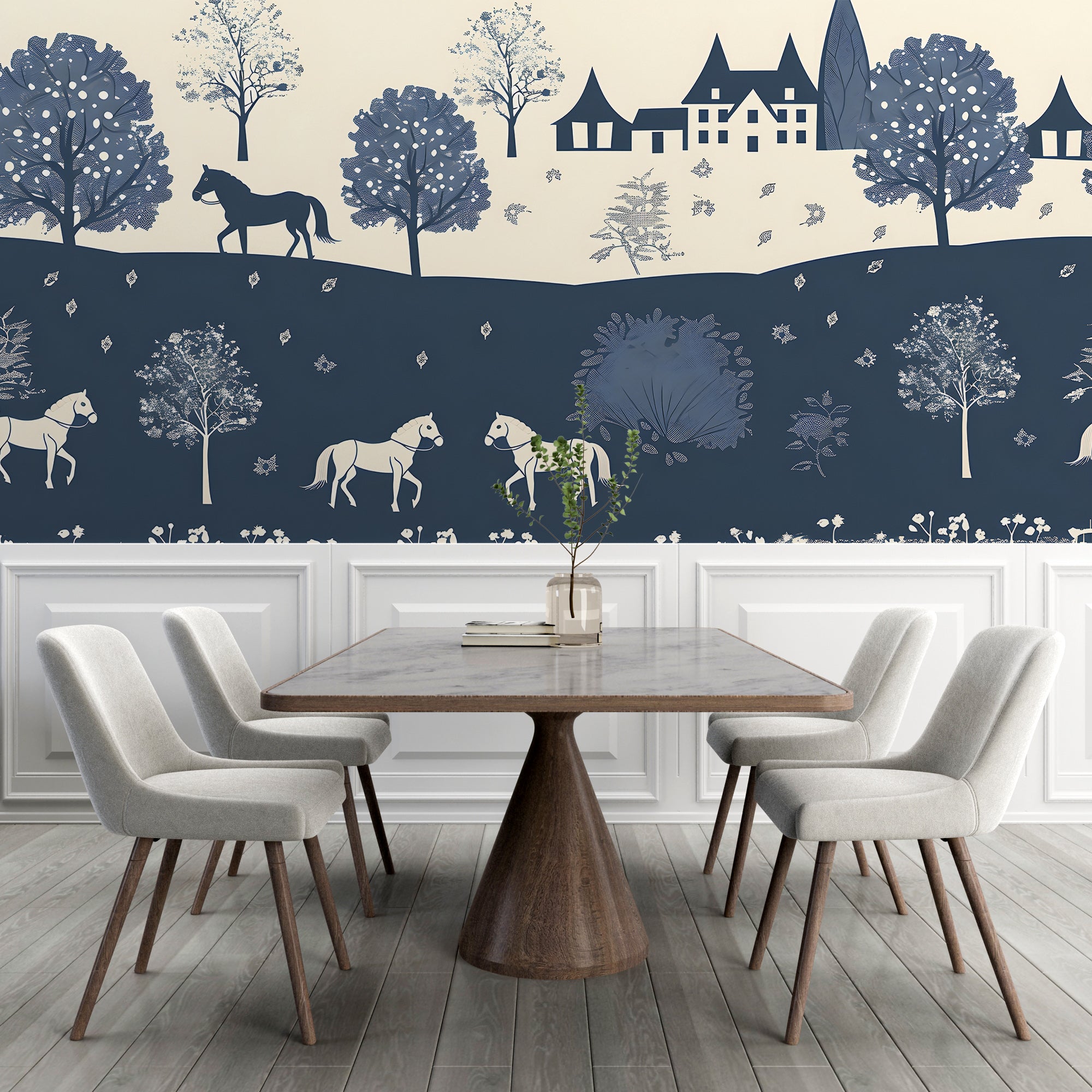 Blue and Beige Traditional Wallpaper, Watercolor Old Town Landscape Mural, Horizontal Seamless Pattern Classic Wallpaper, Peel and Stick House and Horses