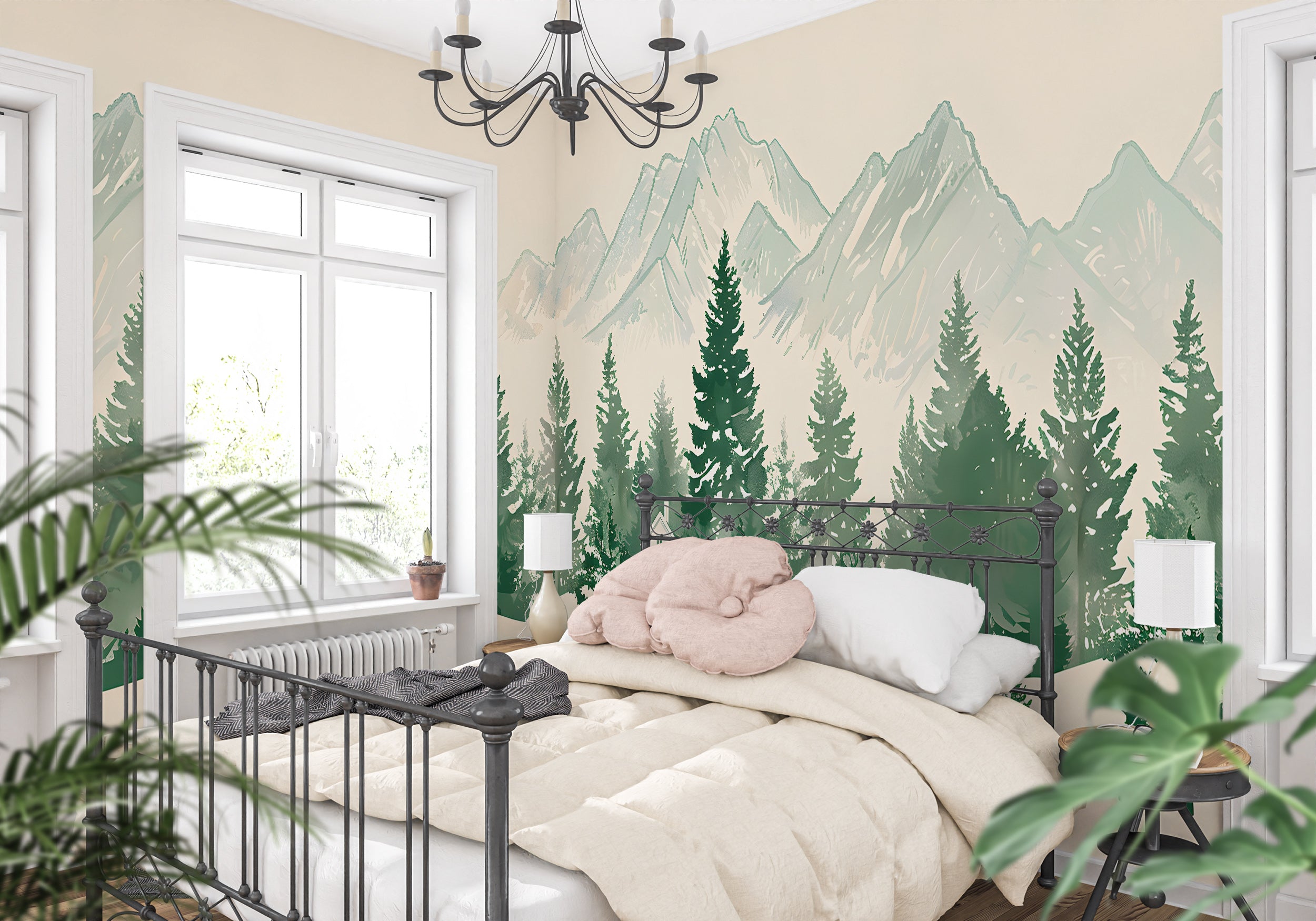 Monochrome Mountains and Forest Mural, Green and White Landscape Wallpaper, Self-adhesive Seamless Mountain Pattern, Removable Nature Decal