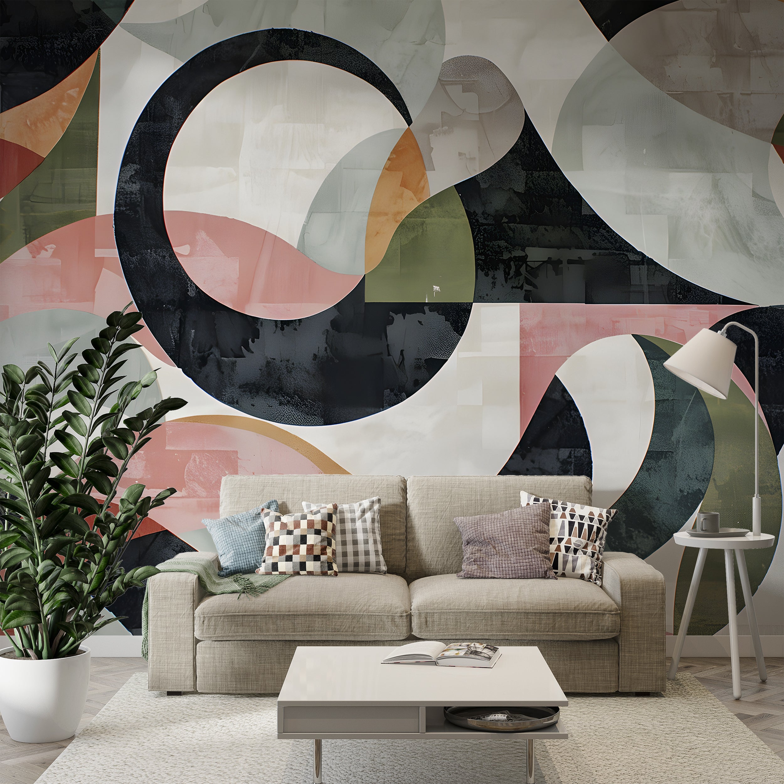 Abstract Geometric Mural, Art Deco Wallpaper, Peel and Sick Modern Mural, Colorful Watercolor Removable Wall Decal