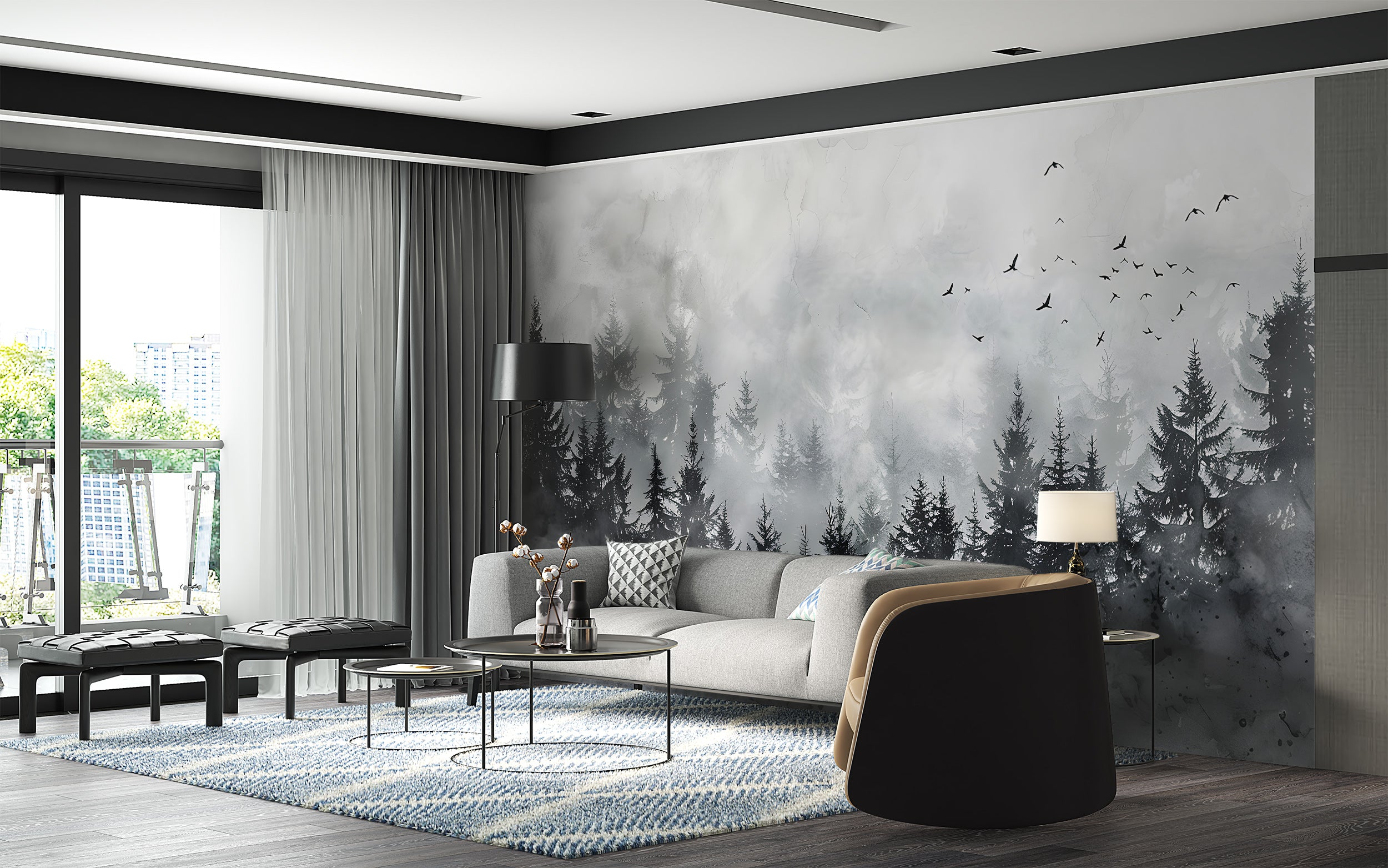 Black Foggy Forest Mural, Dark Watercolor Pine Tree Forest Wallpaper, Peel and Stick Clouds, Removable Birds and Trees Black & White