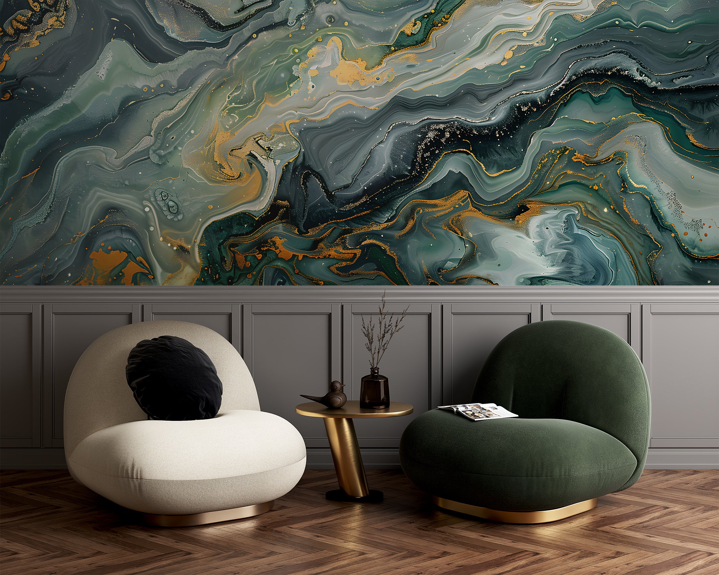 Deep Green Marble Mural, Alcohol Ink Abstract Wallpaper, Peel and Stick Dark Green Stone Texture Art, Removable Marble Sticker Decor
